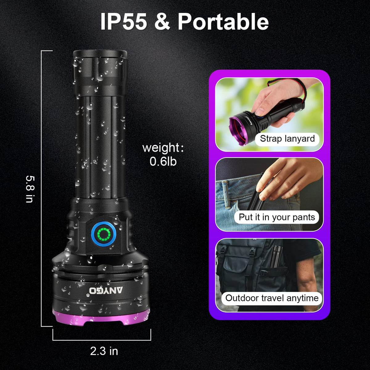 365nm UV Flashlight 30W Rechargeable Black Light with Filter - ANYGO Official Imagery - 7