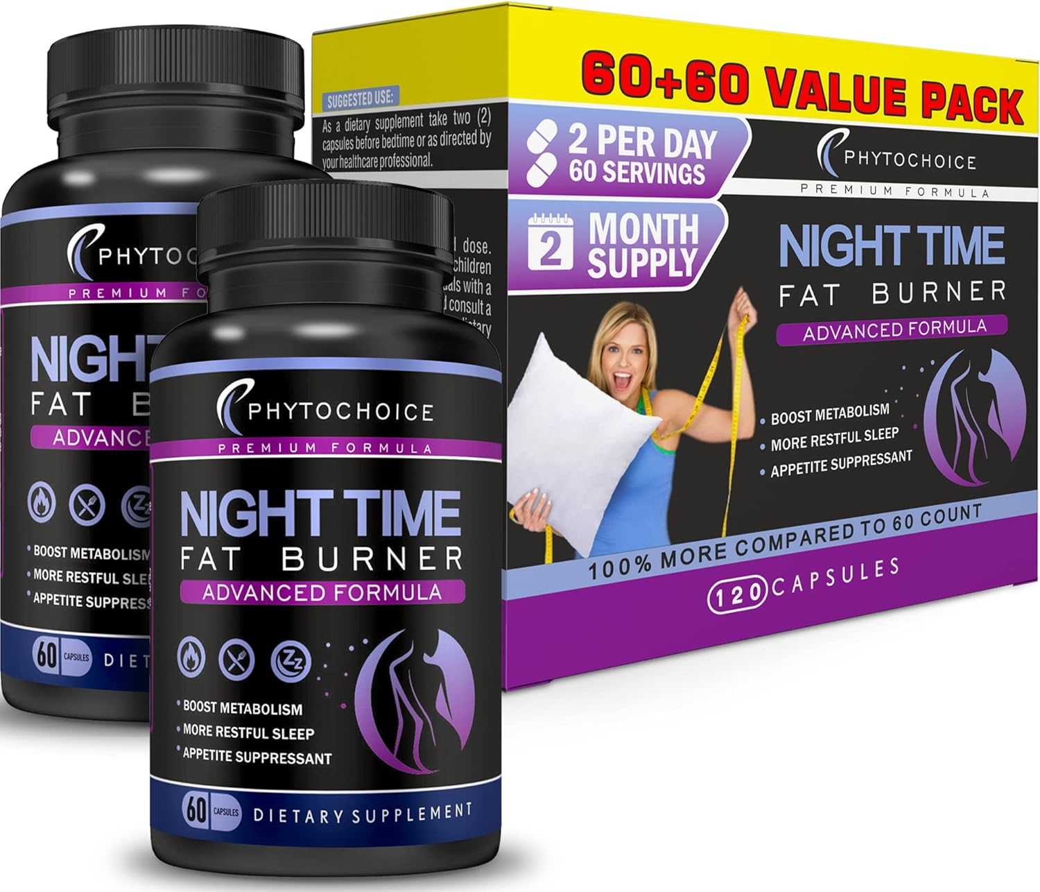 Night Time Fat Burner capsules by PHYTOCHOICE, with magnesium and melatonin, for weight loss, showing 60 dietary supplement caps.