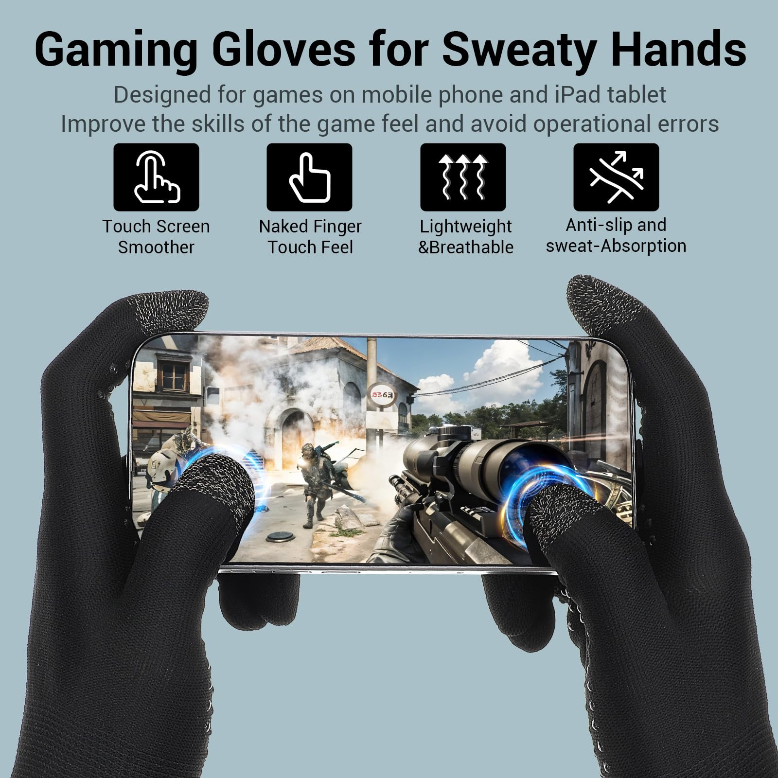 Ptwola ultra-thin gaming gloves with touchscreen fingertips, breathable design, and thumb sleeves for mobile gamers and streamers.