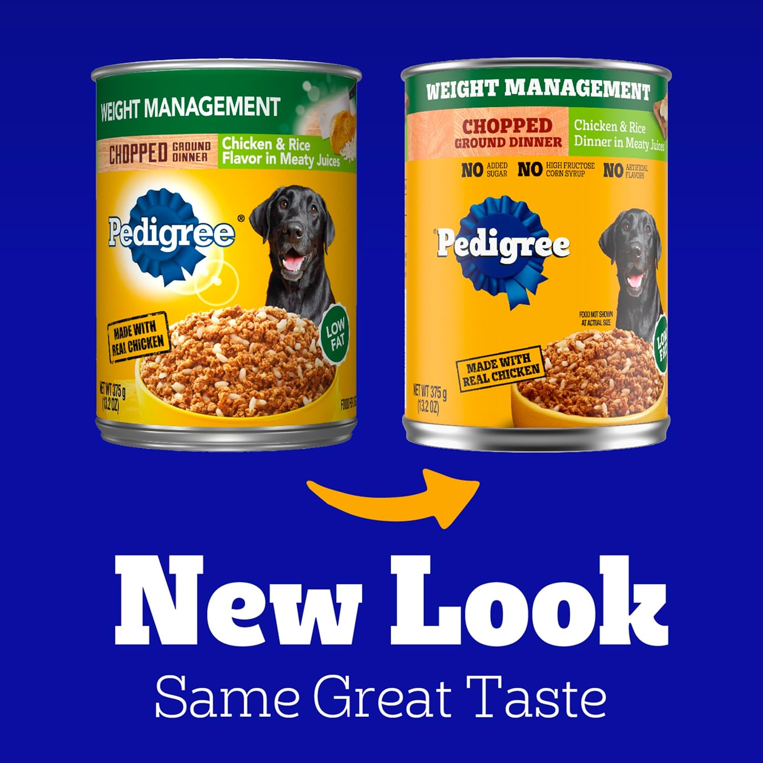 Elefair Pedigree Chopped Ground Dinner Weight Management wet dog food can with beef and rice, showing the canned dog food product.