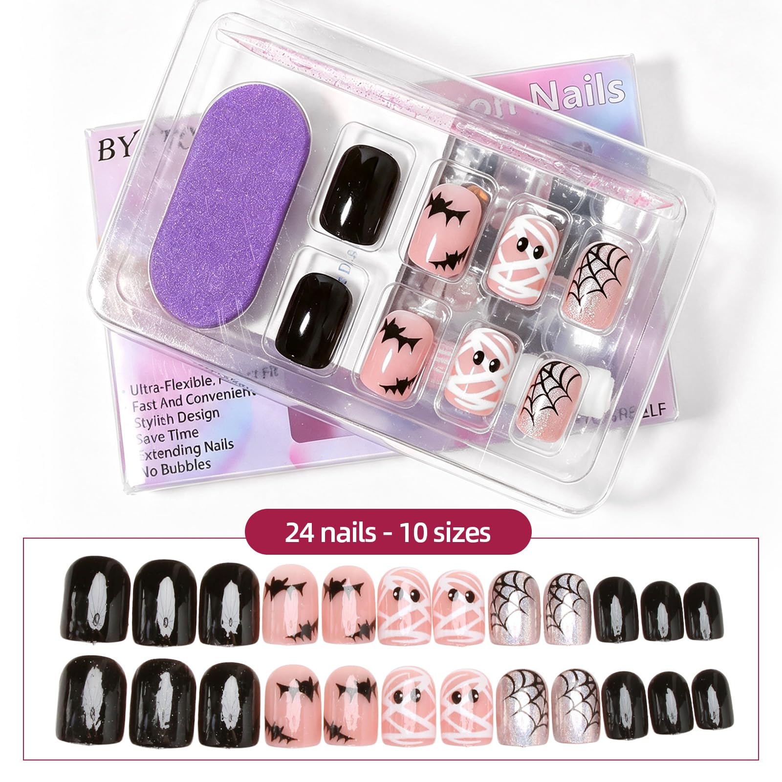 Short Pink Press on Nails Bat Spider Web Cute Halloween Fake Nail for Women