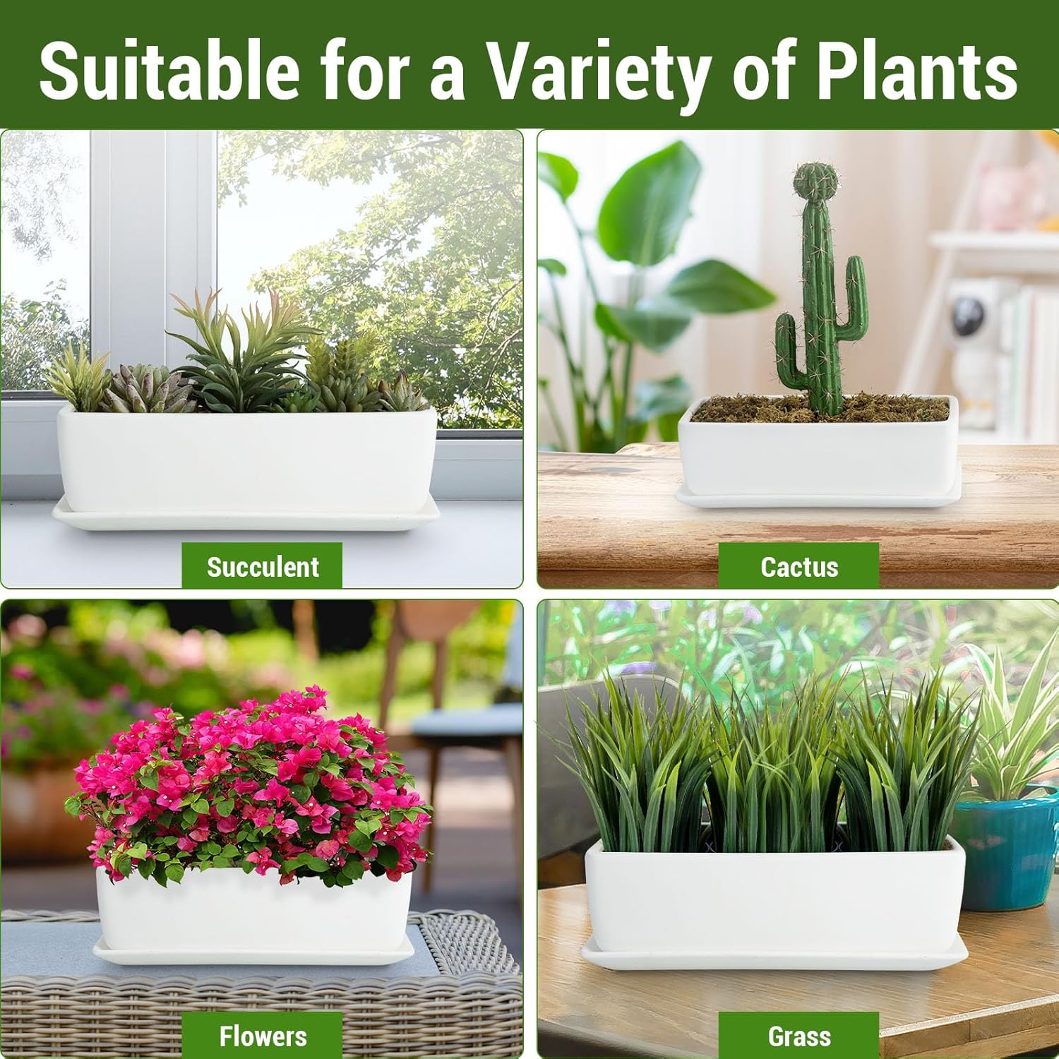 MyGift 14-inch rectangular ceramic indoor plant pot with drainage hole, suitable for houseplants and decorative gardening.