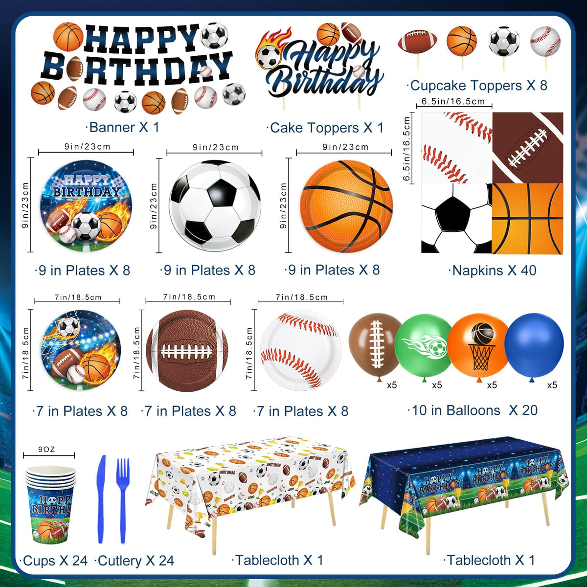 191 PCS Sports Birthday Party Decorations Includes Plates - LINHAXM Official Imagery - 3