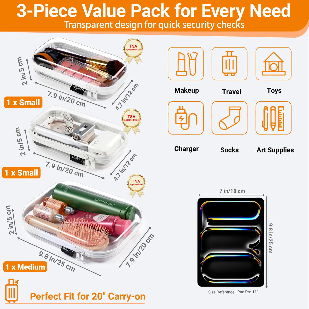Clear Hard Shell Zipper Cases 6 Travel Organizers 2M 4S - YQBRAO Official Imagery - 5