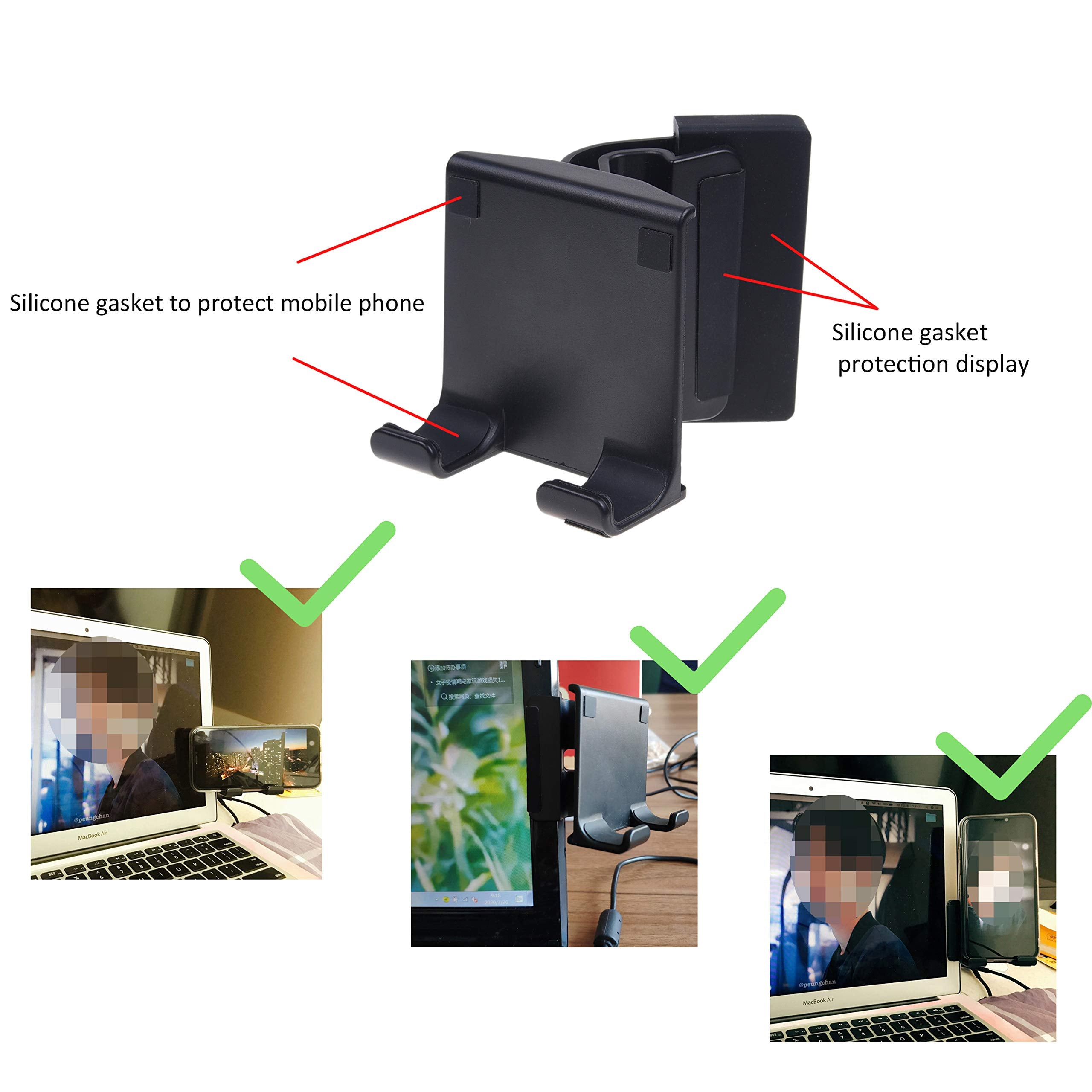 Kare & Kind smartphone clip-on holder attached to monitor, adjustable for slim or thick screens, with a universal phone dock.