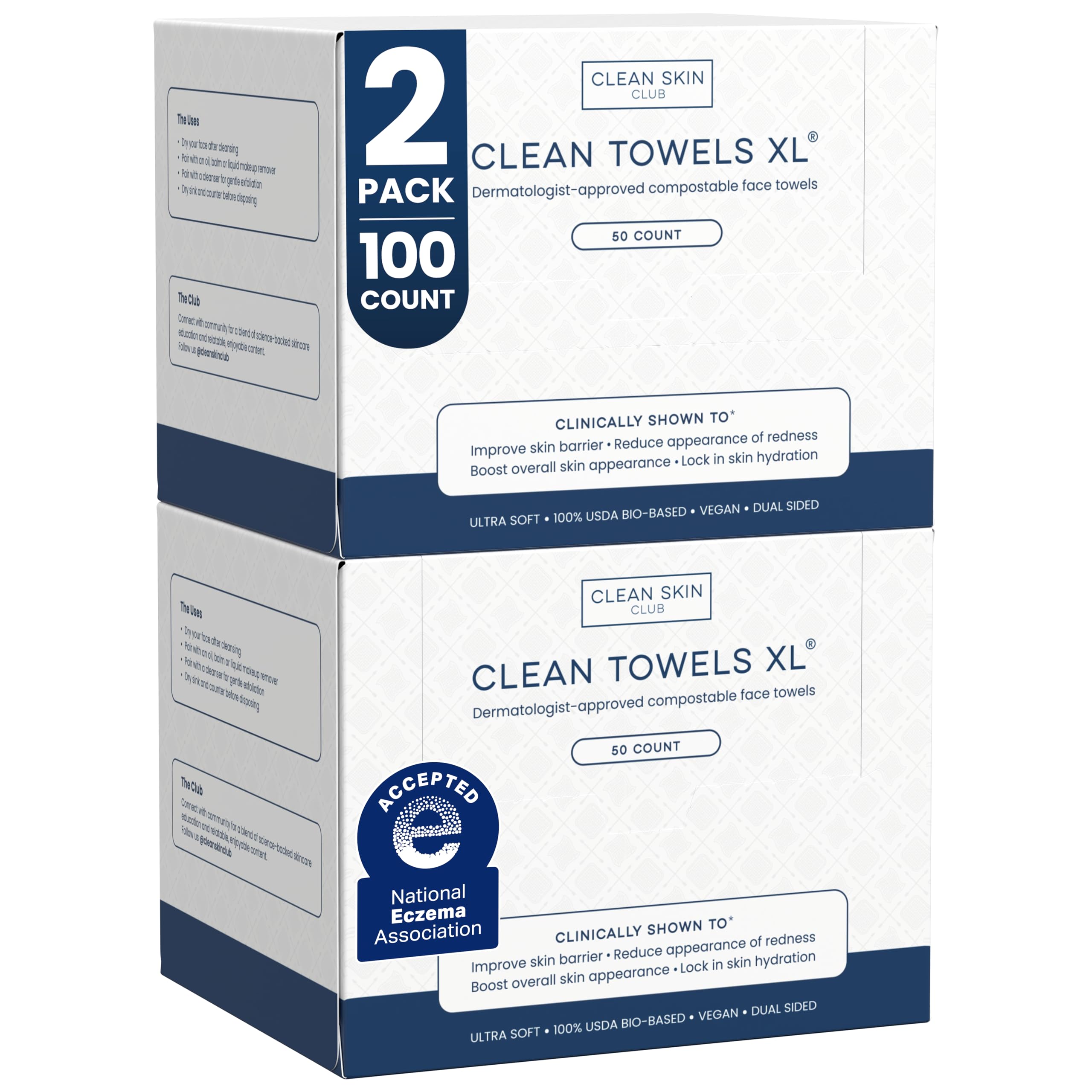 Clean Skin Club Clean Towels XL®, 100% USDA Biobased Face Towe...