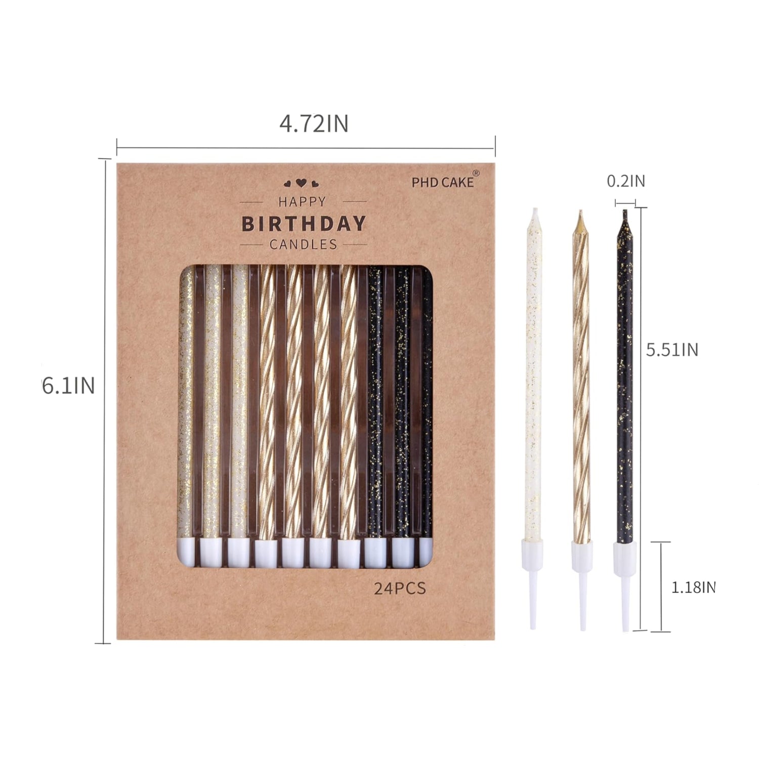 Set of PHD CAKE Gold, Black, and White long thin birthday candles on a cake for celebration.