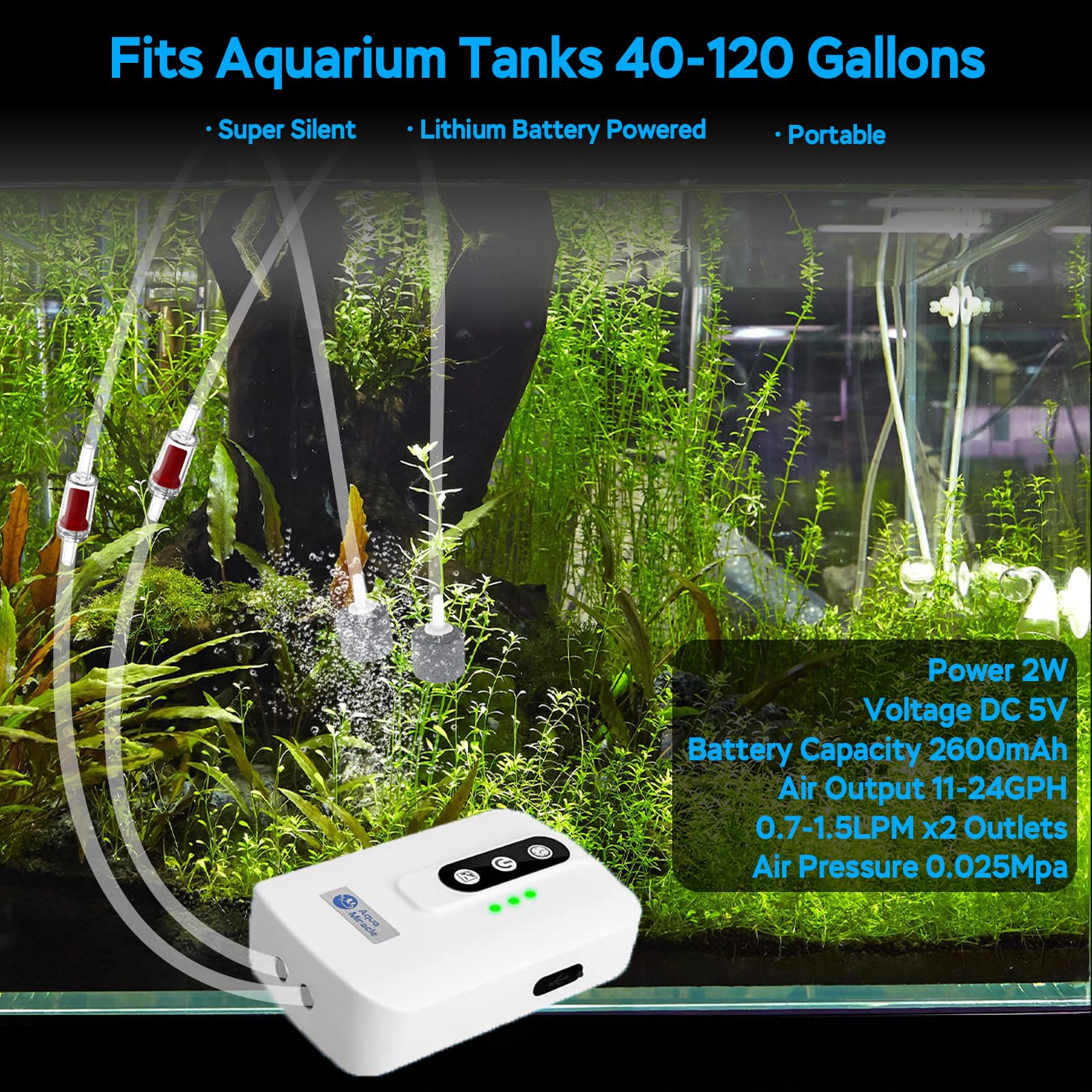 AquaMiracle Lithium Battery Powered Portable Aquarium Air Pump fo - AquaMiracle Official Product View 2