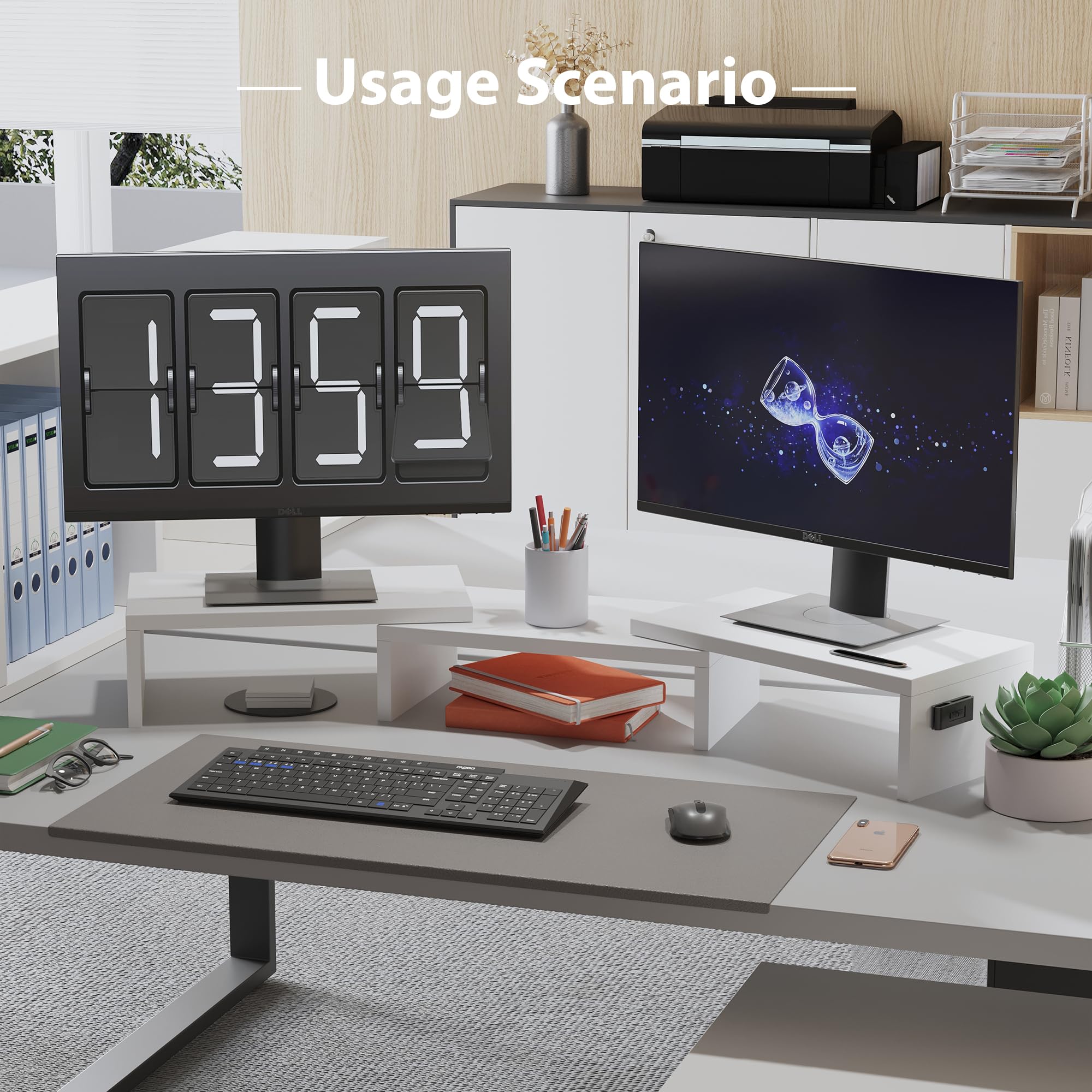 BONTEC dual monitor stand riser in white with adjustable length and swivel angle, supporting two monitors for ergonomic workspace.