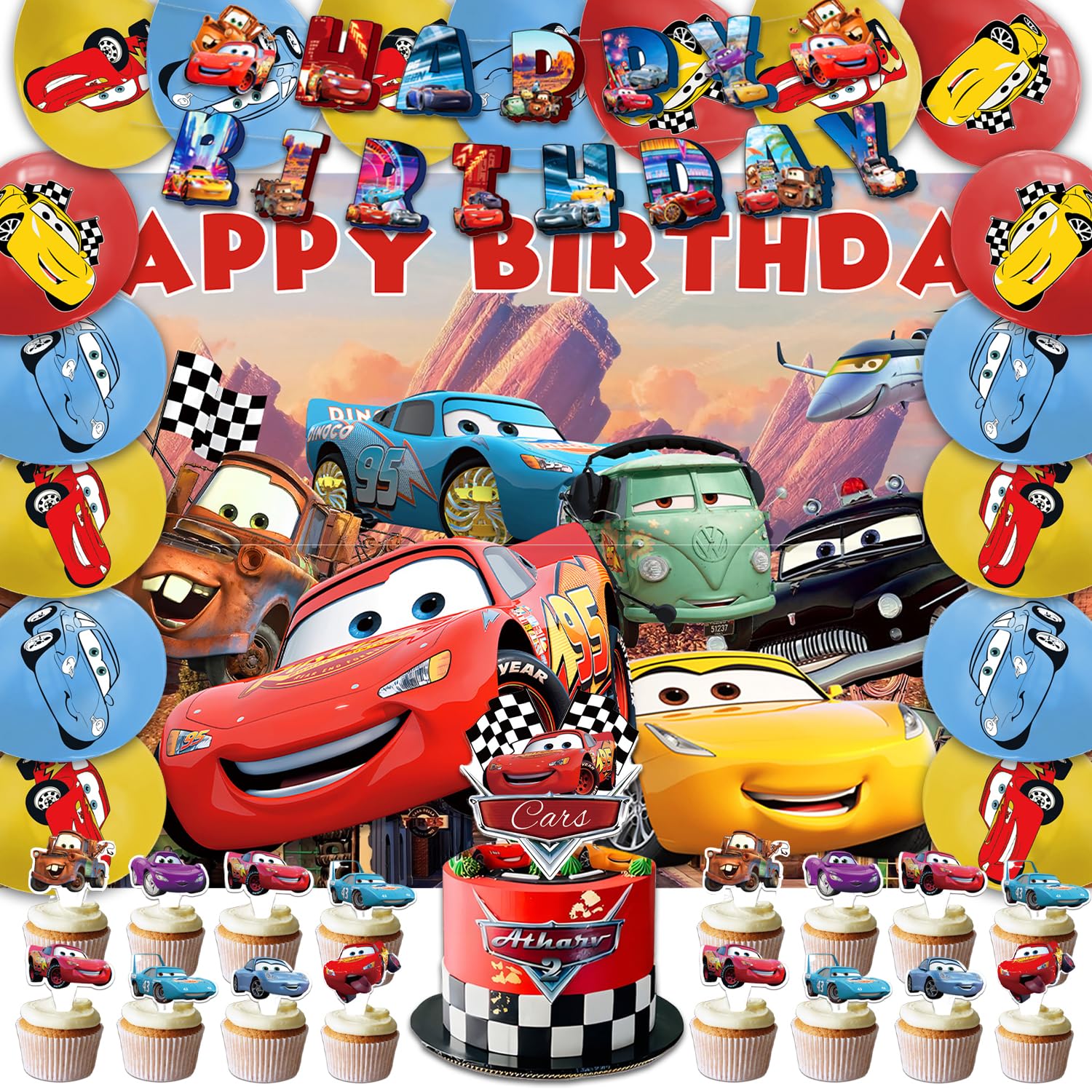 42pcs McQueen Party Decoration Pack Includes，Banner，Cake - Product Imagery