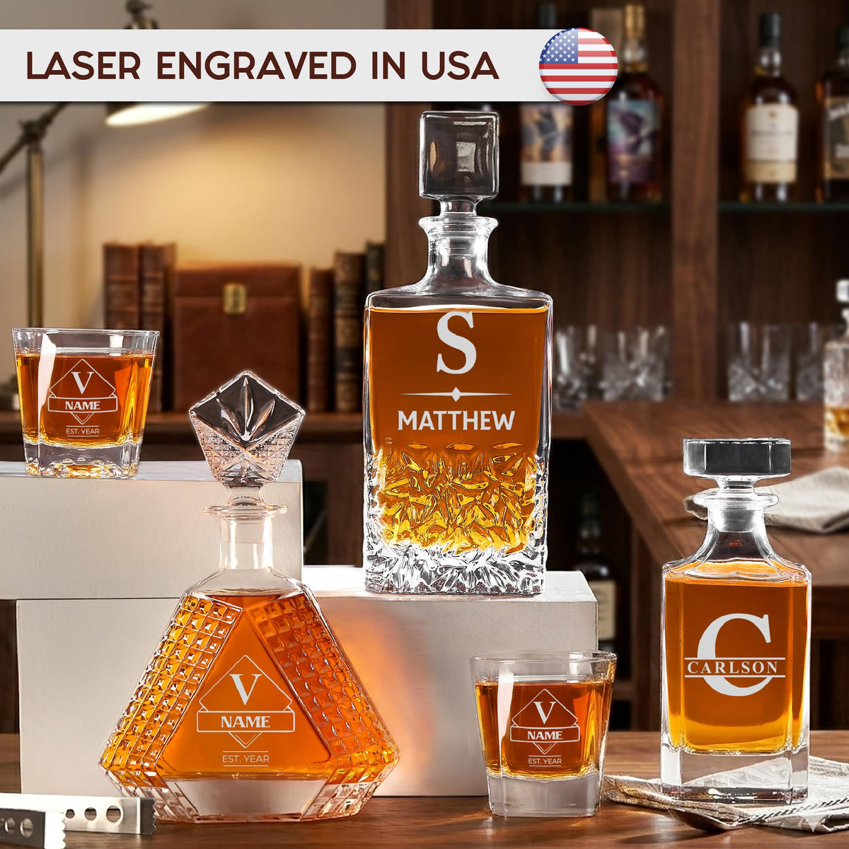 Personalized Square Whiskey Decanter Set 750ml Engraved - ENGRAVE MY MEMORIES Official Imagery - 3