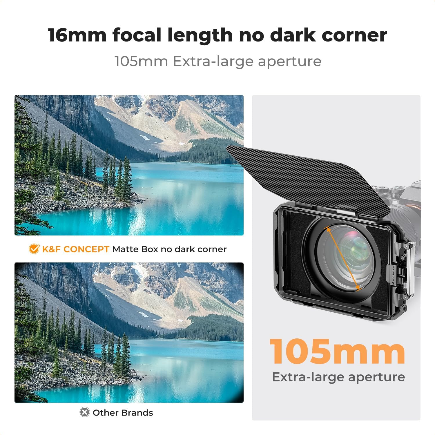 K&F CONCEPT DSLR matte box with carbon fiber top flag, adjustable lens hood and side flags for professional camera lighting control.