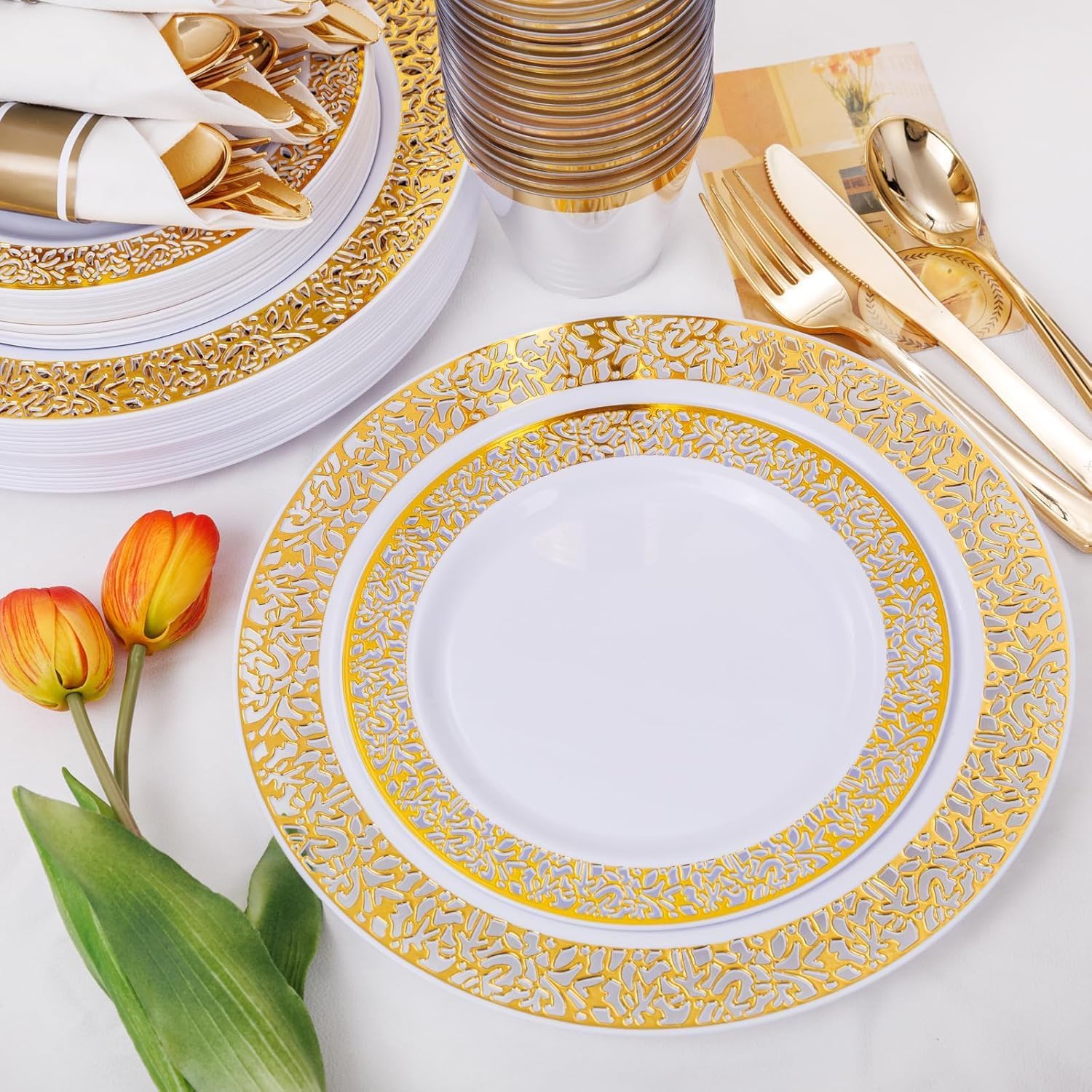 WELLIFE 175-piece gold dinnerware set with 25 dinner plates and 25 dessert plates, elegant gold finish on porcelain dinnerware