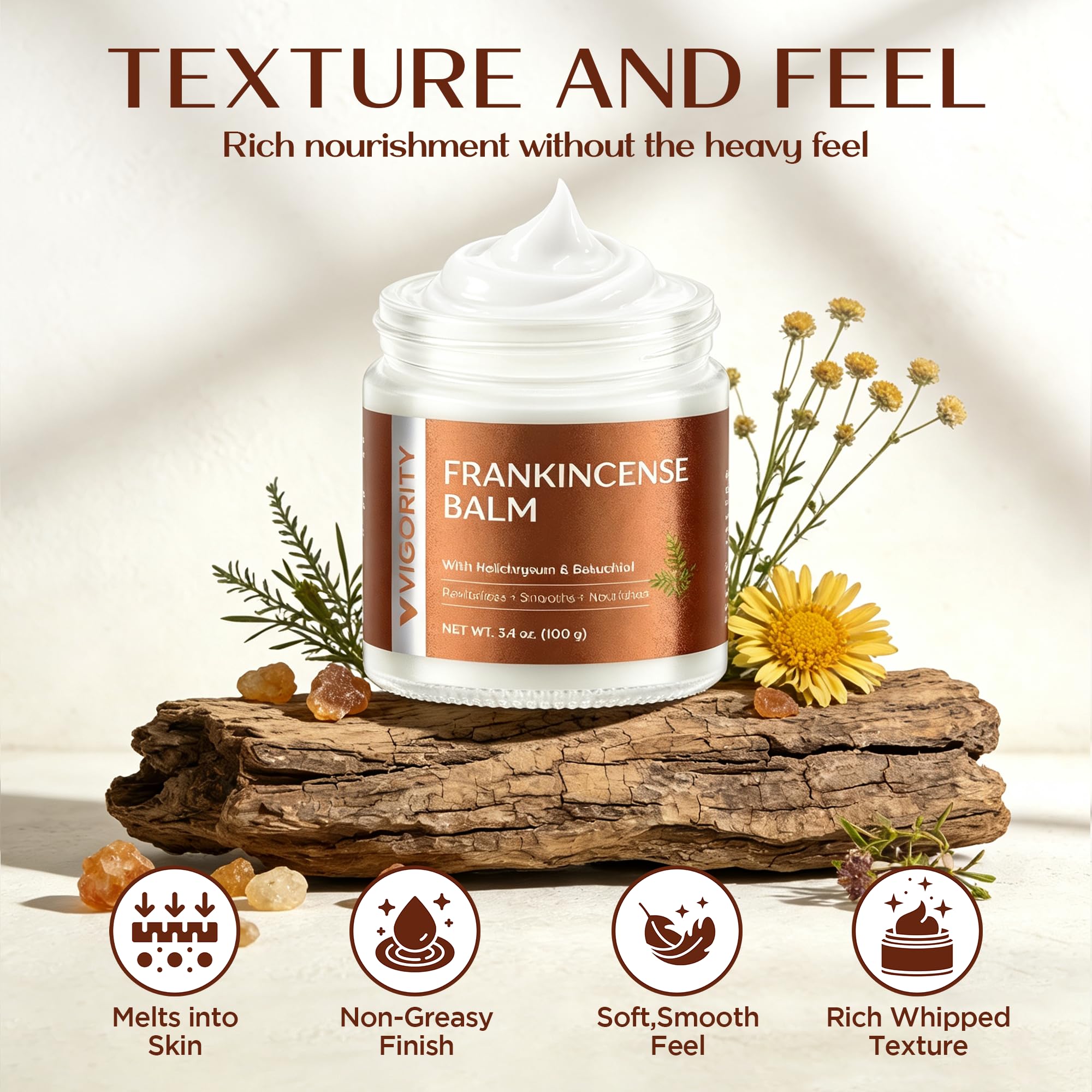 Vigority Frankincense Balm for mature skin, 3.4 oz, a moisturizing skin moisturizer with frankincense extract in a jar.