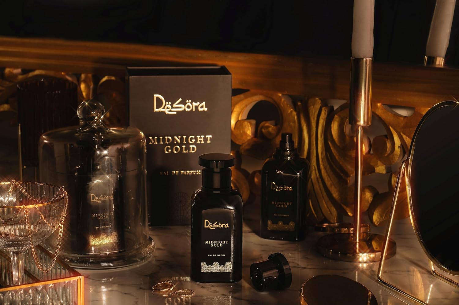 Desora Midnight Gold unisex Eau de Parfum with grapefruit and patchouli, 3.4 oz, long-lasting fragrance in a sleek bottle
