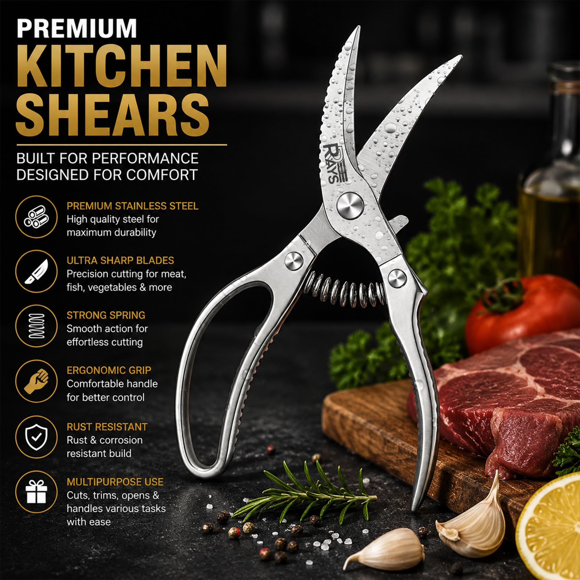 RRAYS Heavy Duty Poultry Shears, Spring Loaded Kitchen Scissors for Ch - View 5
