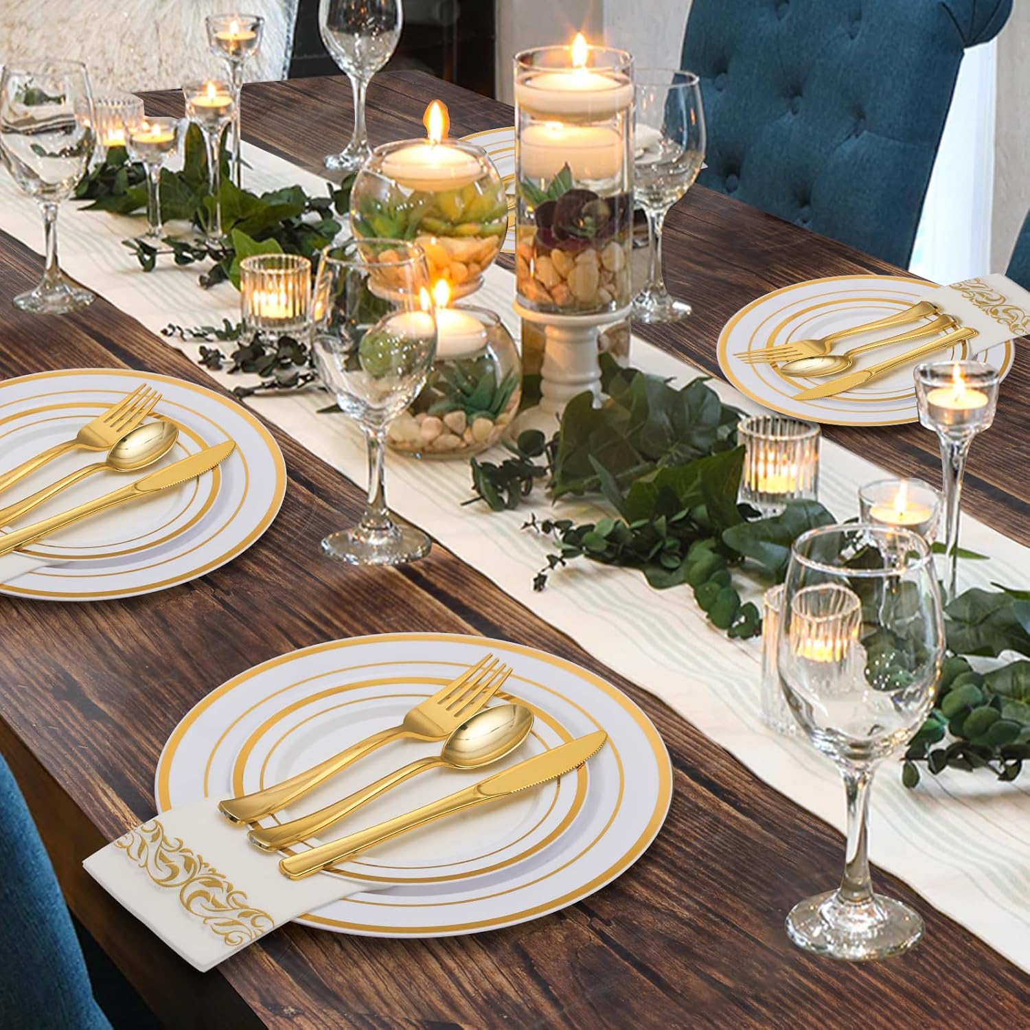 Goodluck 700-piece gold disposable dinnerware set for 100 guests, including plates, cups, and utensils for parties.