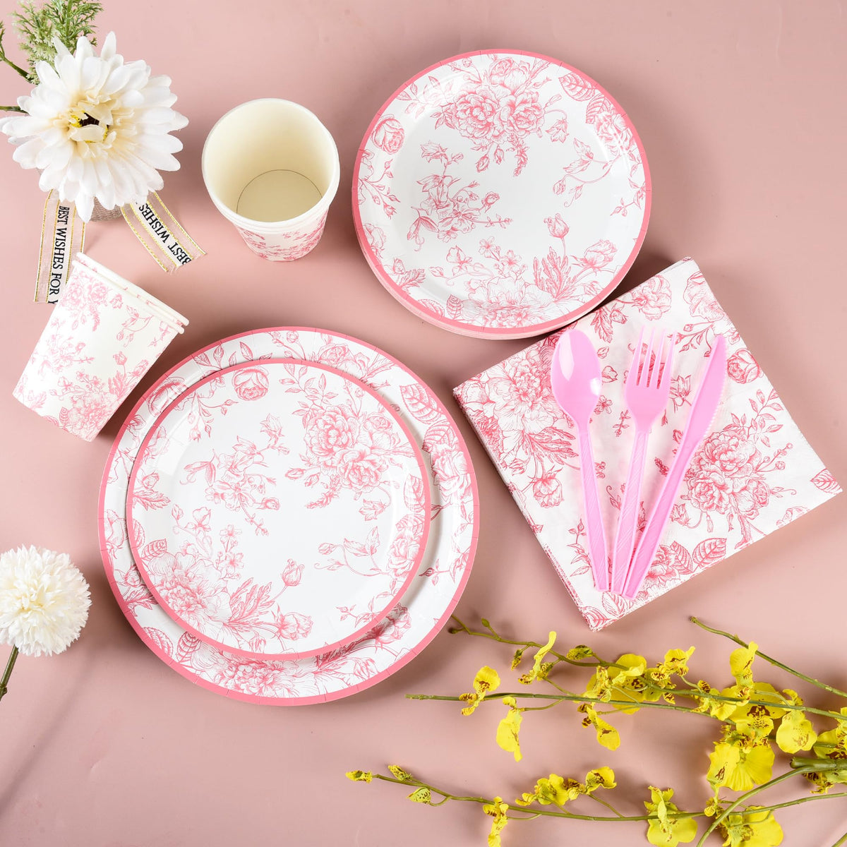 175Pcs Pink Floral Paper Plates and Napkins 25 Guests Pink - Elyxio Official Imagery - 3