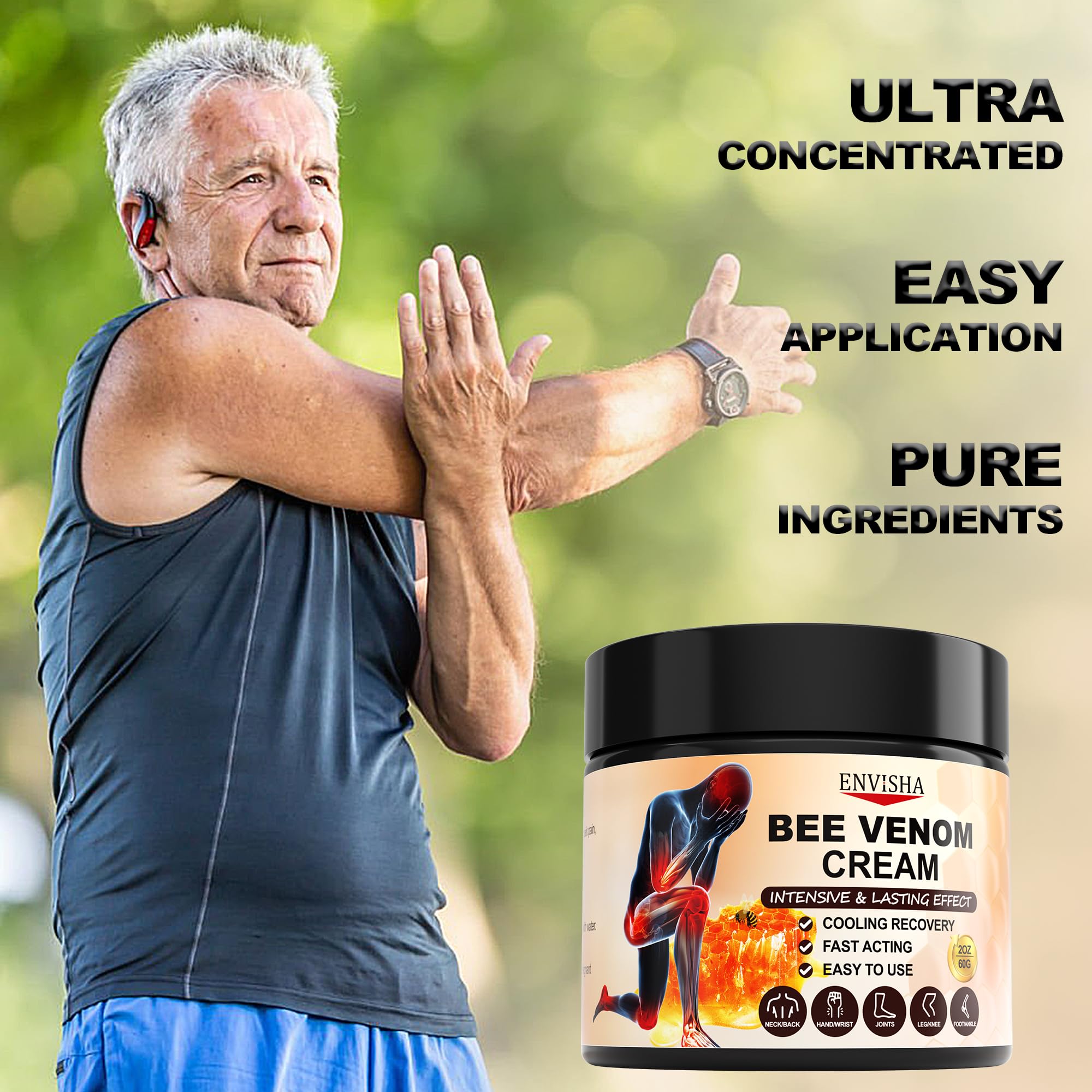 ENVISHA Bee Venom Joint & Bone Cream applied to back, knee, and neck areas for skin moisturization and soothing relief.