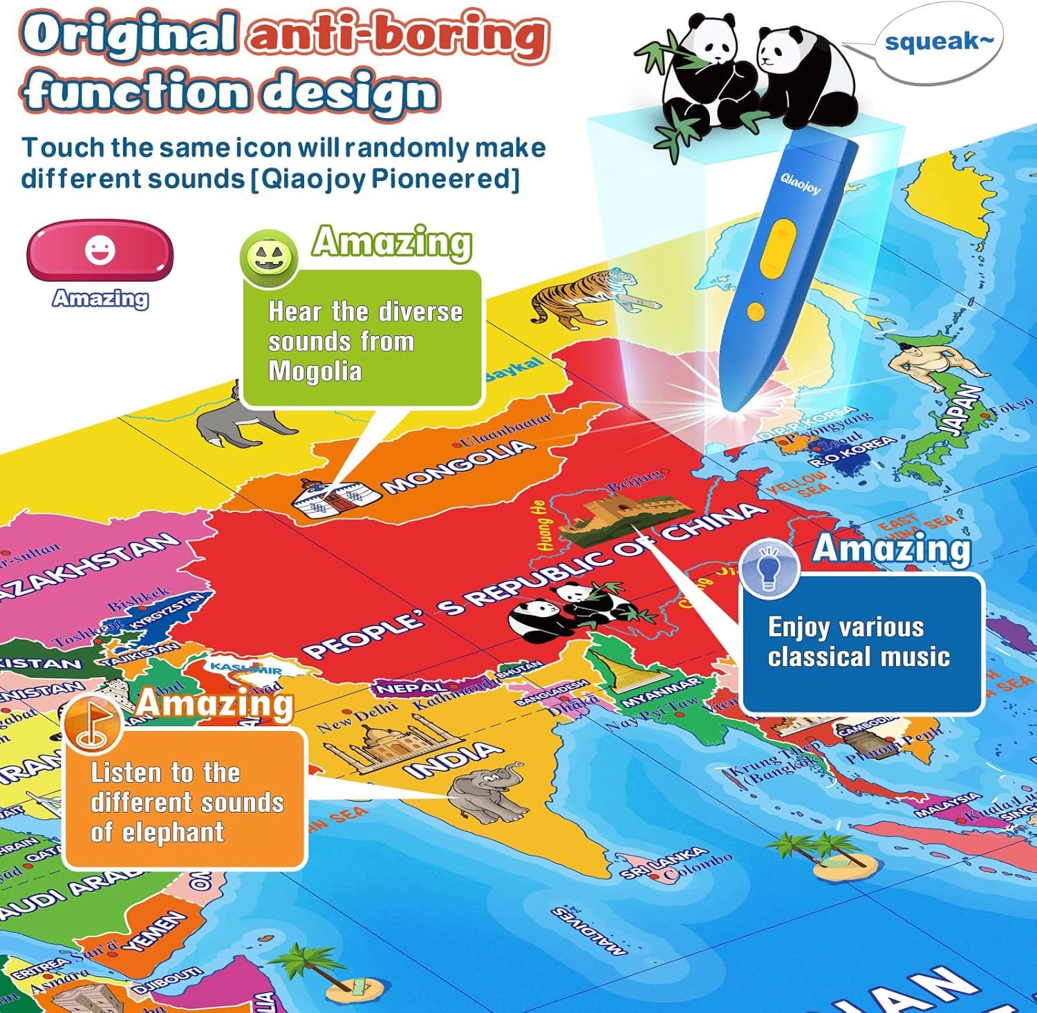 Qiaojoy bilingual interactive world map for kids, educational toy with colorful countries and learning features for children.