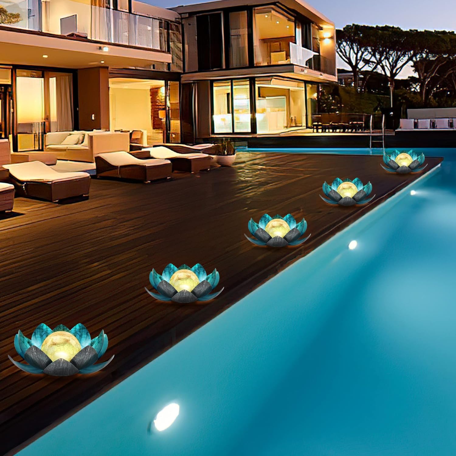 QZHP Lotus solar outdoor garden light with waterproof LED solar-powered design illuminated at night