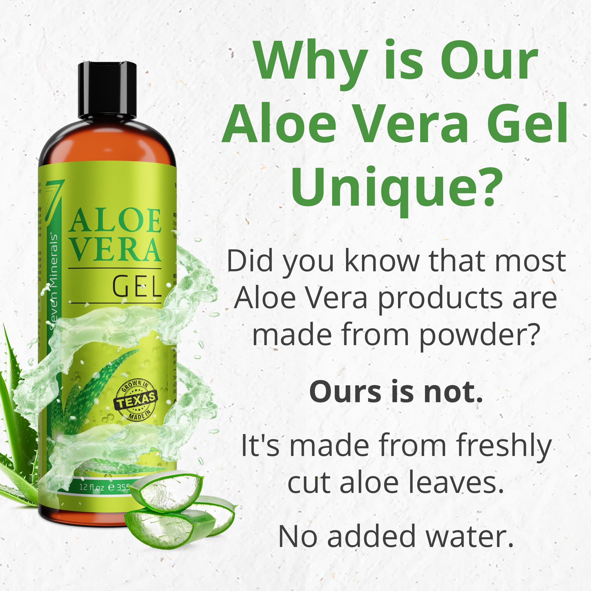 Seven Minerals Aloe Vera Gel with Freshly Cut Pure Organic Aloe - Big 12oz - Texas Grown, HighestQuality, Vegan, Unscented, Non-Sticky - After Sun, Skin & Face Moisturizer, Hair Mask