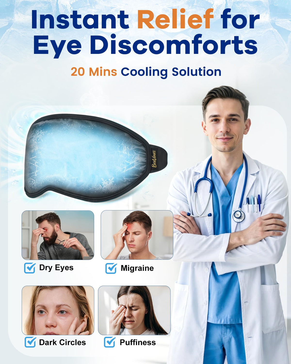 3D Contoured Cooling Eye Mask for Puffy Eyes Migraines - BeeVines Official Imagery - 3