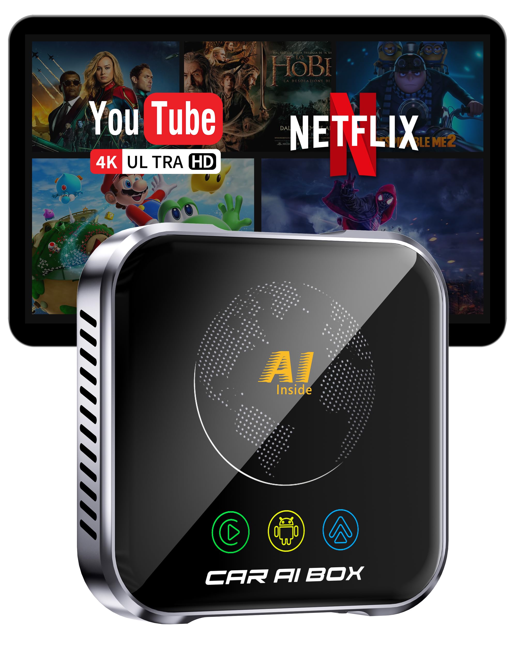 Magic AI Box Wireless CarPlay Adapter, Fast Car Video Box Plug & Play, Easy Setup, Supports Netflix/YouTube/TF Card Equalizers and More for OEM Wired CarPlay/Android Auto Cars(Jet)
