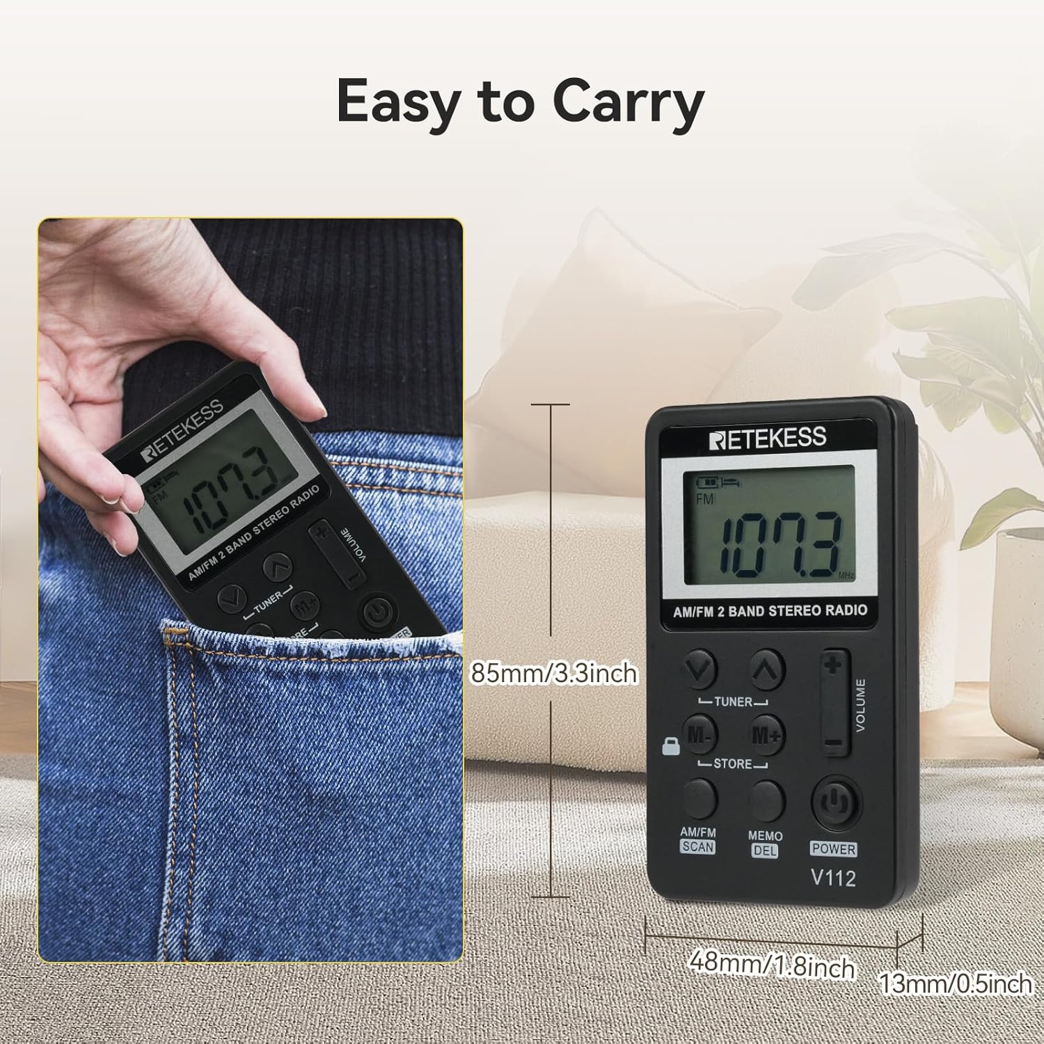Retekess V112 AM FM pocket radio in black with LCD display, rechargeable battery, earphone, ideal for walking and jogging.