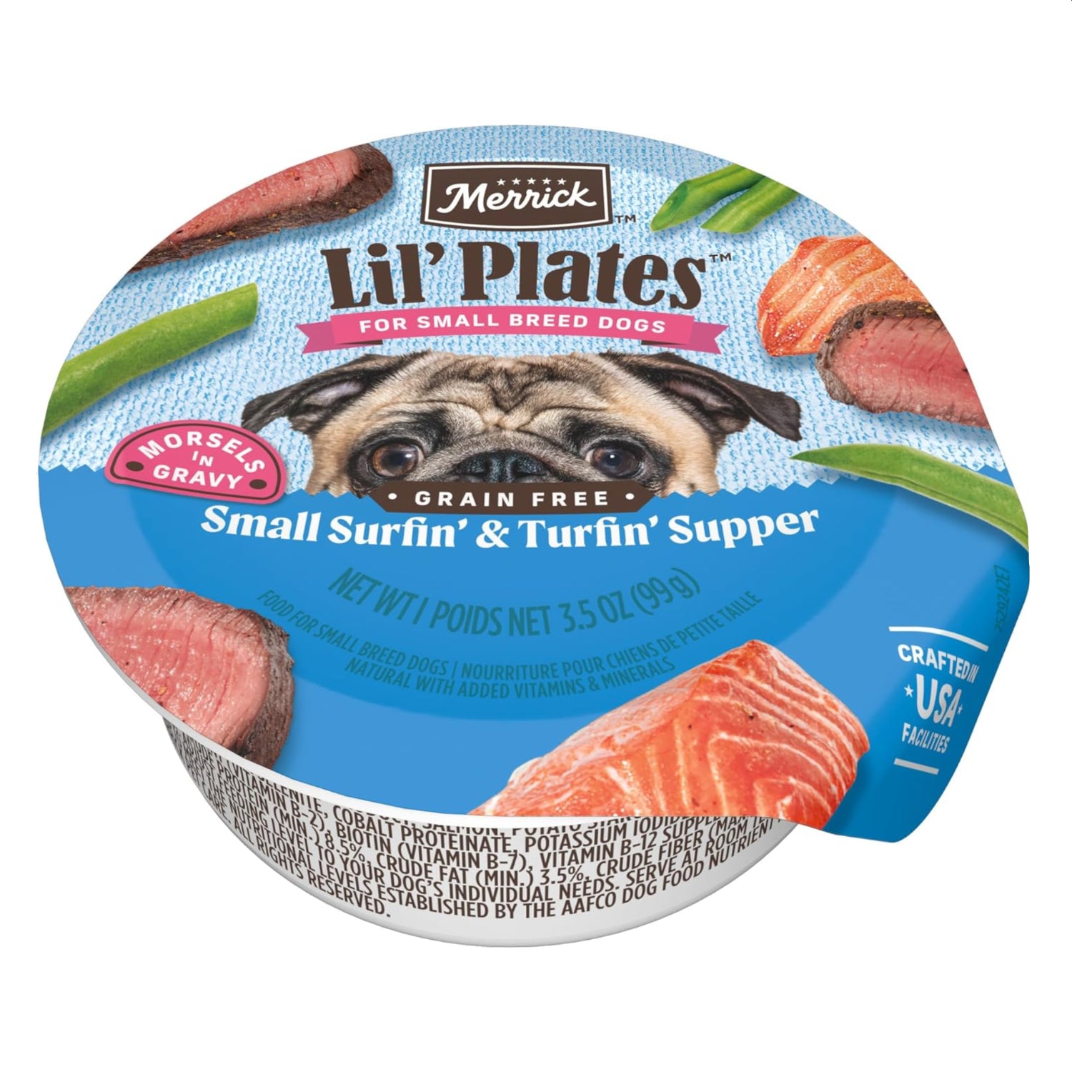 Merrick Lil’ Plates grain-free wet dog food for small dogs in 3.5 oz. tubs, pack of 12, natural and premium dog food.