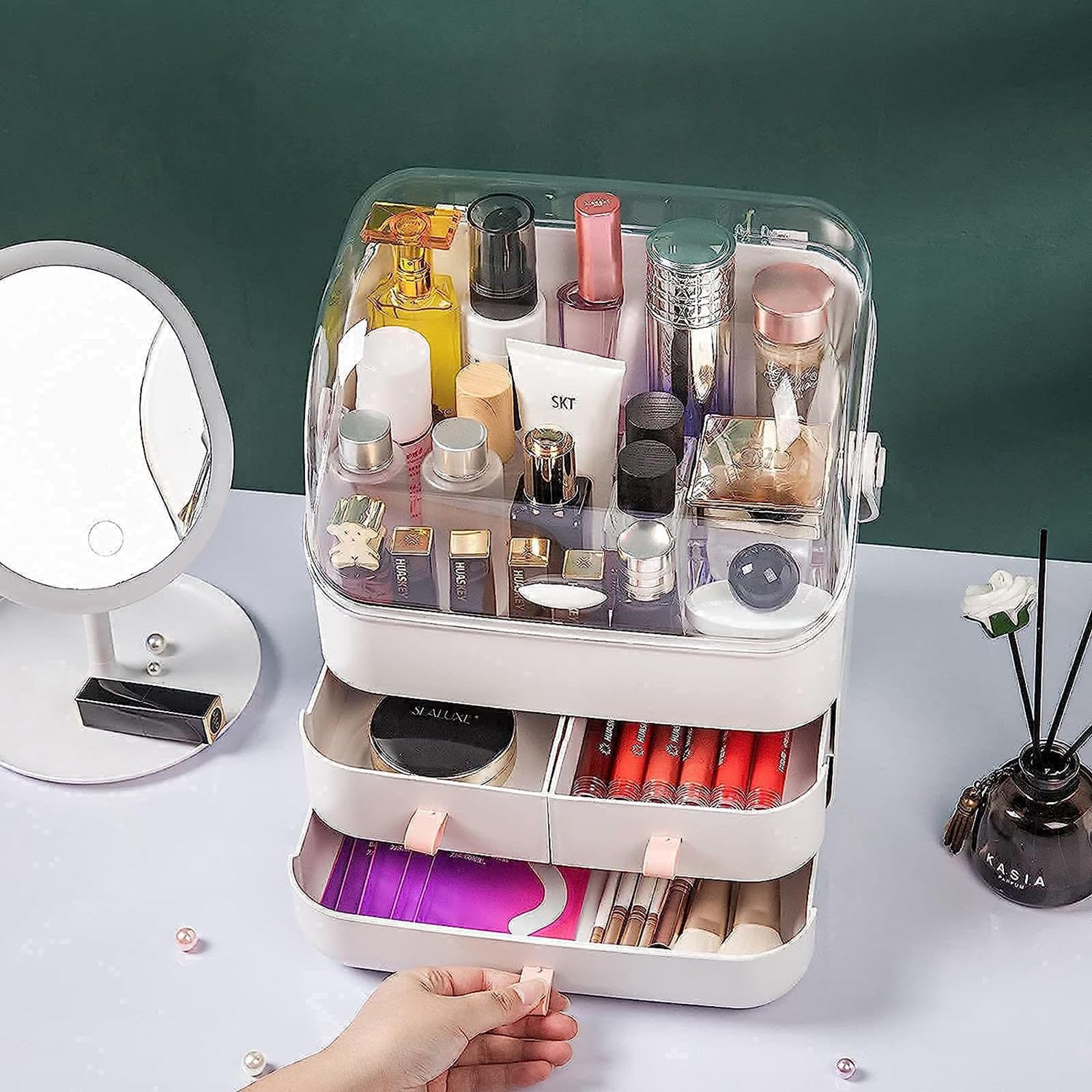 VIDECOR waterproof makeup organizer caddy with compartments, white plastic storage box for bathroom, dresser, or bedroom.