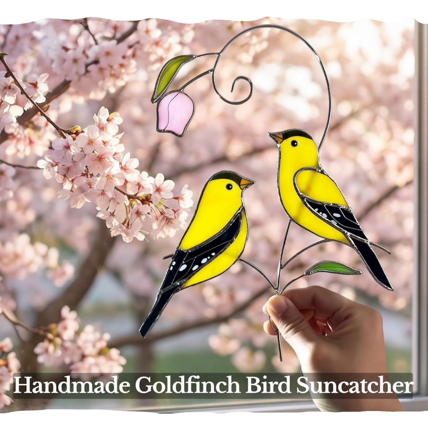 Pair of stained glass goldfinch bird suncatchers by IriCrist, featuring vibrant yellow and black feathers, perfect for window decoration.