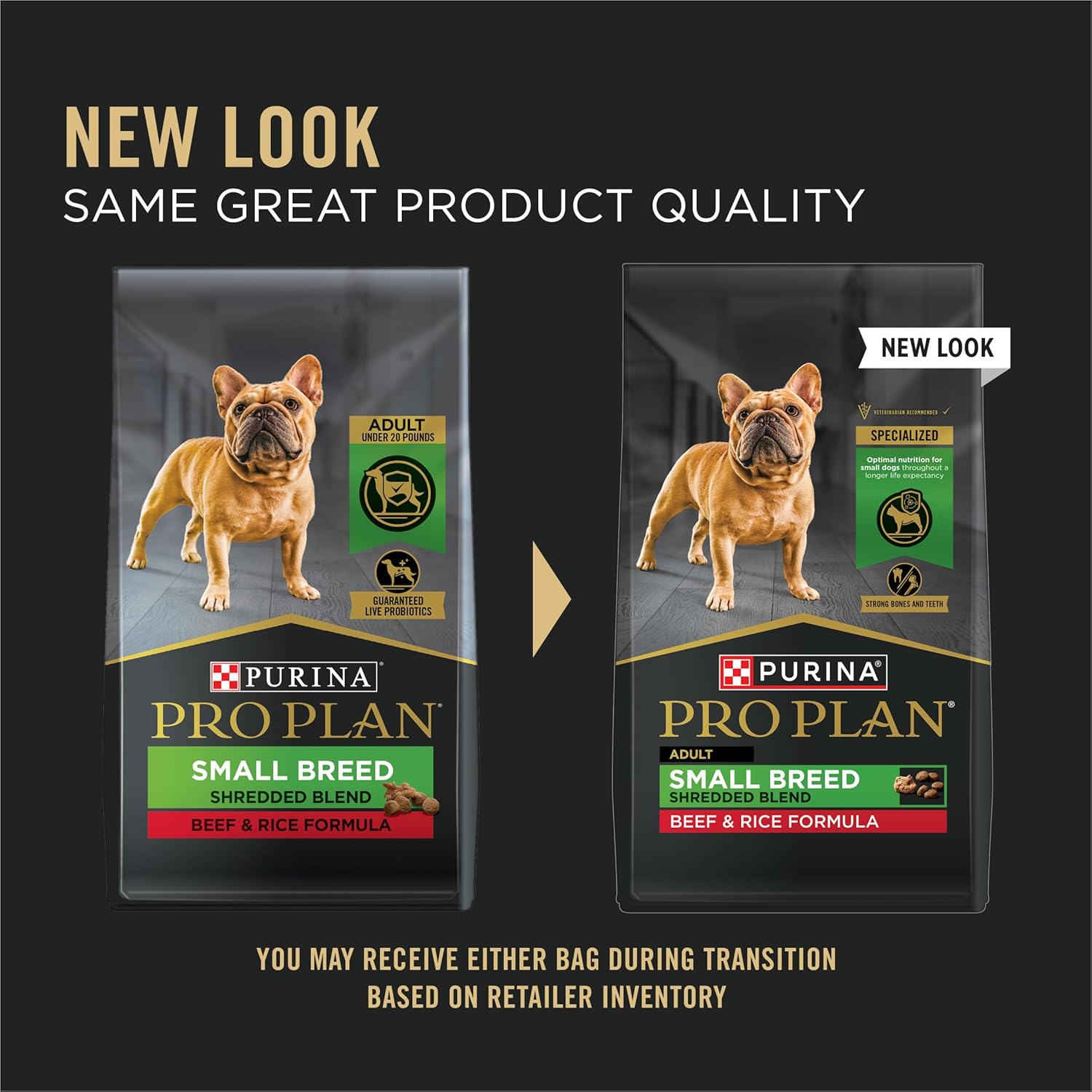 Elefair Purina Pro Plan small breed dry dog food with shredded beef and rice formula in a bag, suitable for small dogs.