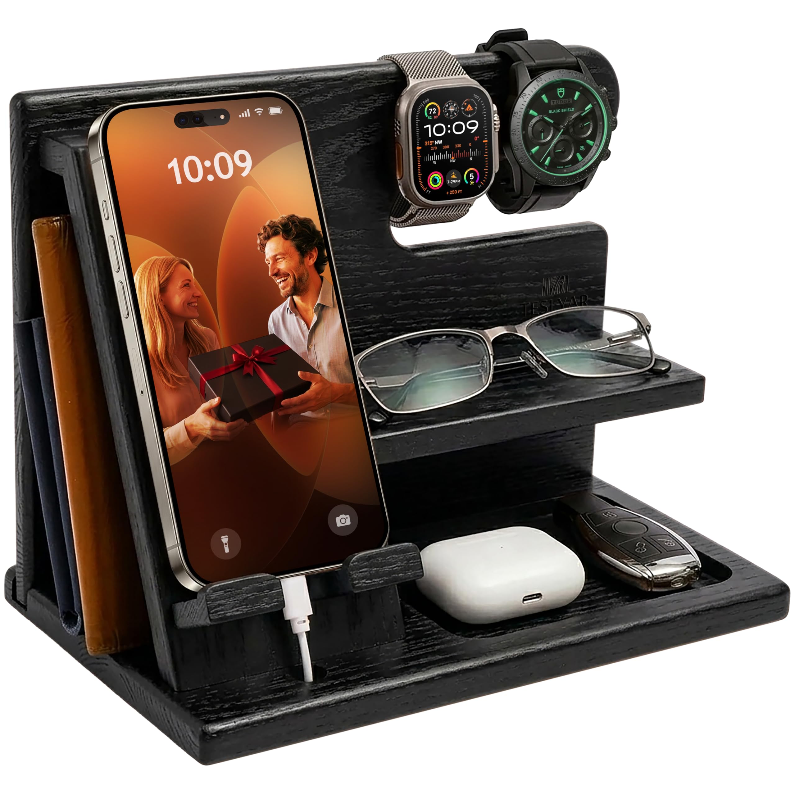 TESLYAR Wood Phone Docking Station for Men - Desktop or Nightstan by TESLYAR - Angle View 10