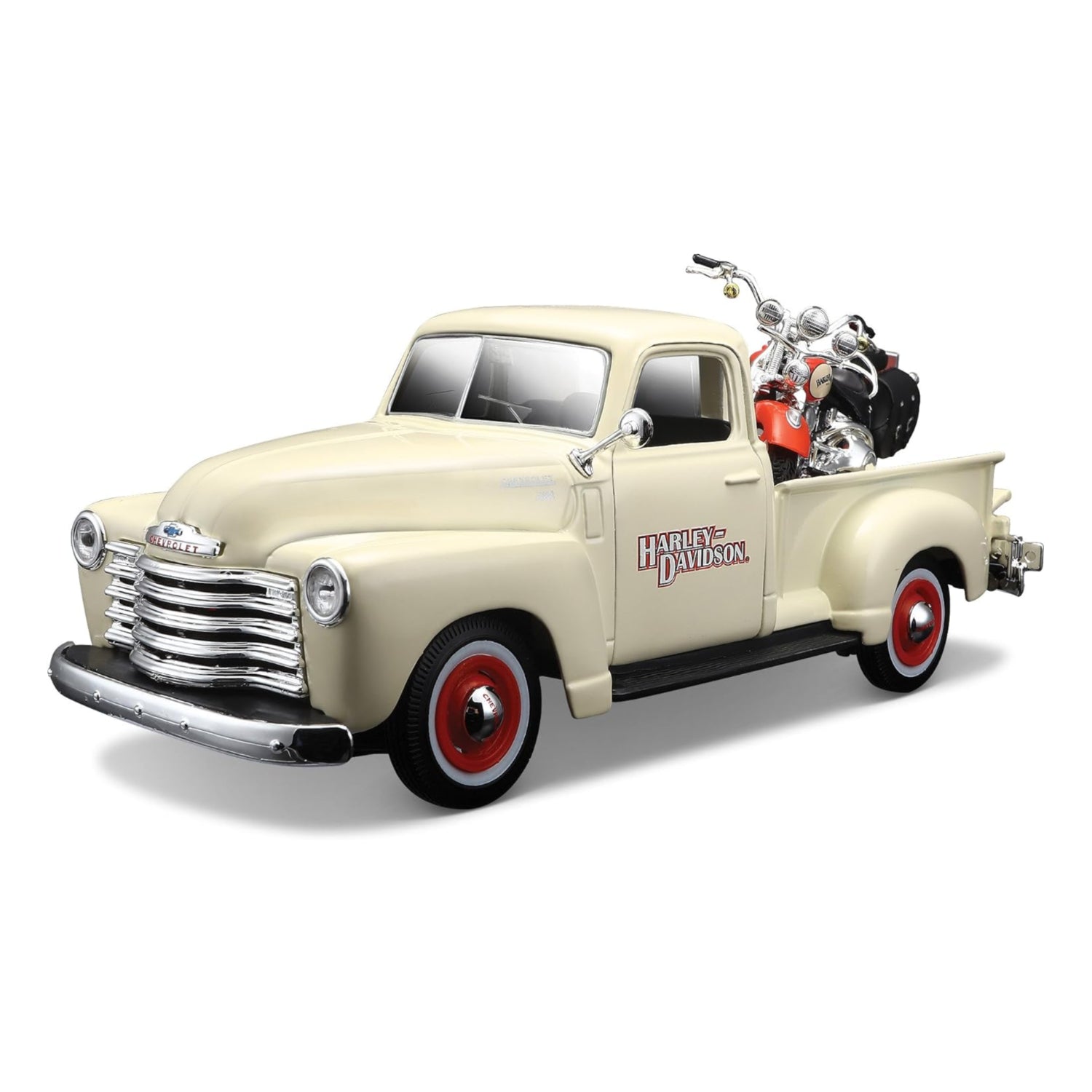 Tobar Maisto diecast 1:24 scale Harley-Davidson 2001 FLSTS Heritage Springer motorcycle and 1950 Chevy 3100 truck.