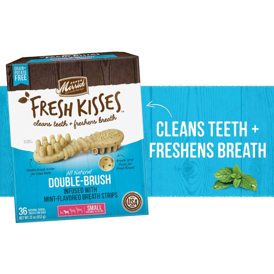 Merrick Fresh Kisses natural dental chews in toothbrush shape with infused flavor, designed to promote dental health for dogs.