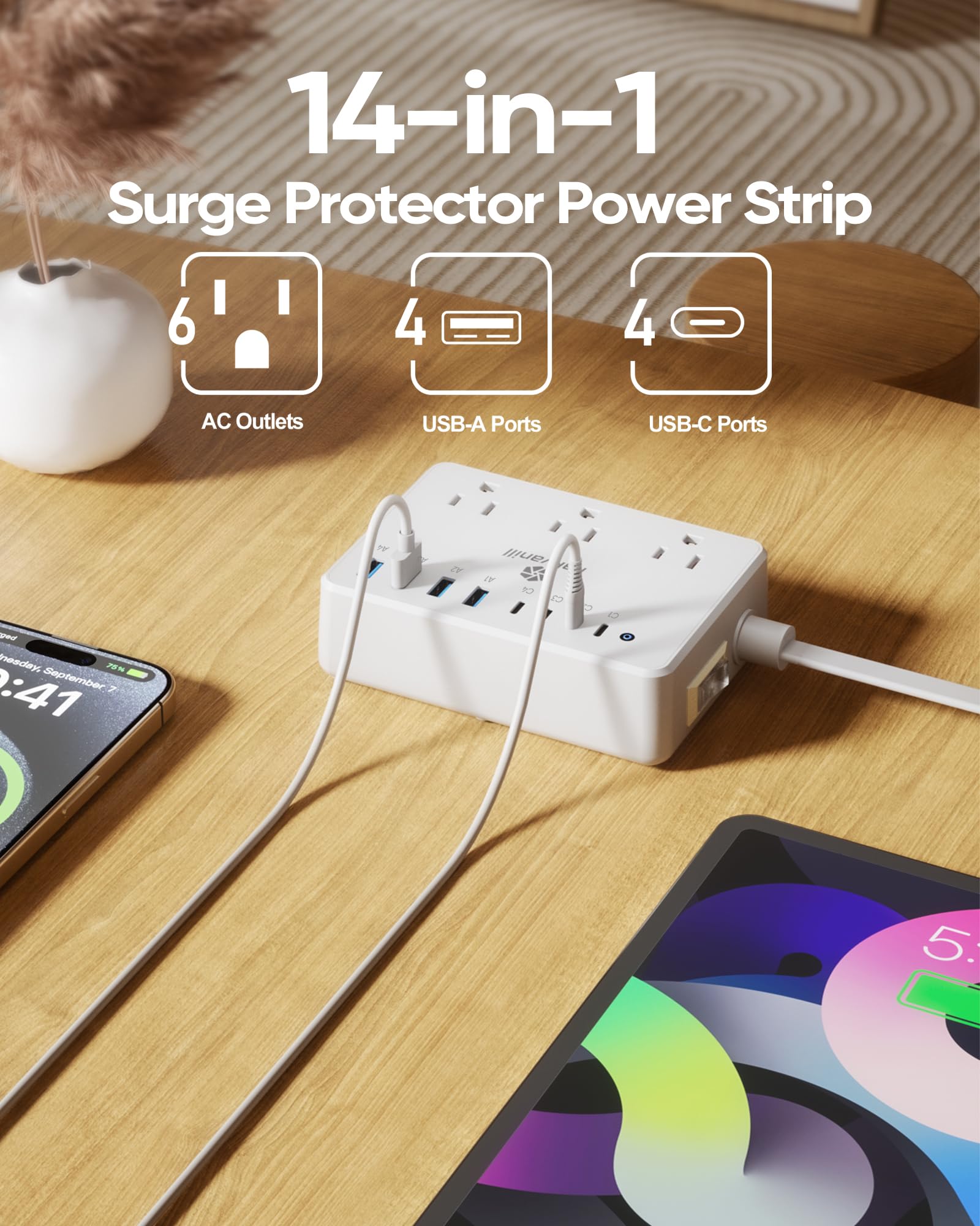 kakyanill 100W Charging Station, Power Strip with 6 AC Outlets 8 USB Ports - kakyanill Official Product View 2