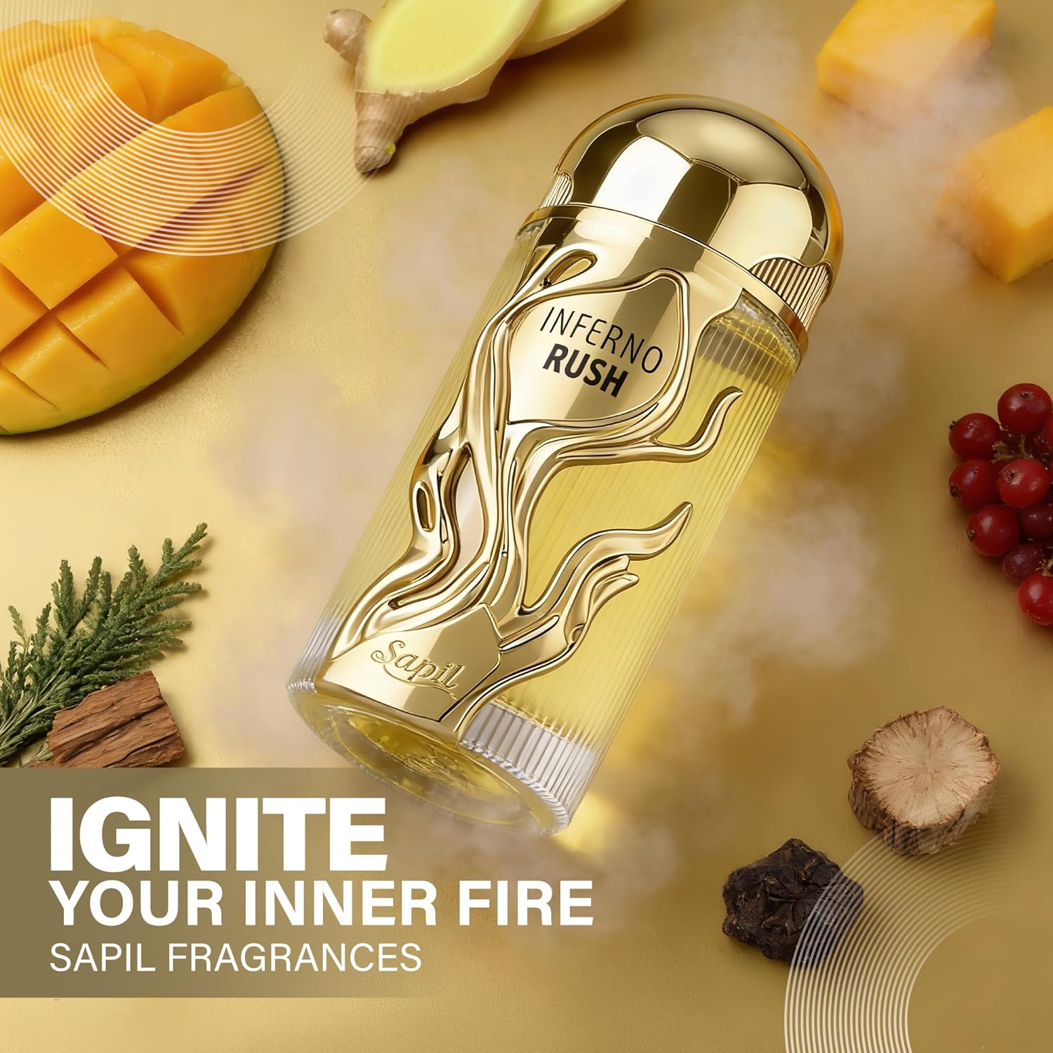 Sapil Inferno Rush unisex Eau de Parfum featuring bold fruity and woody notes with mango accents in a sleek bottle.
