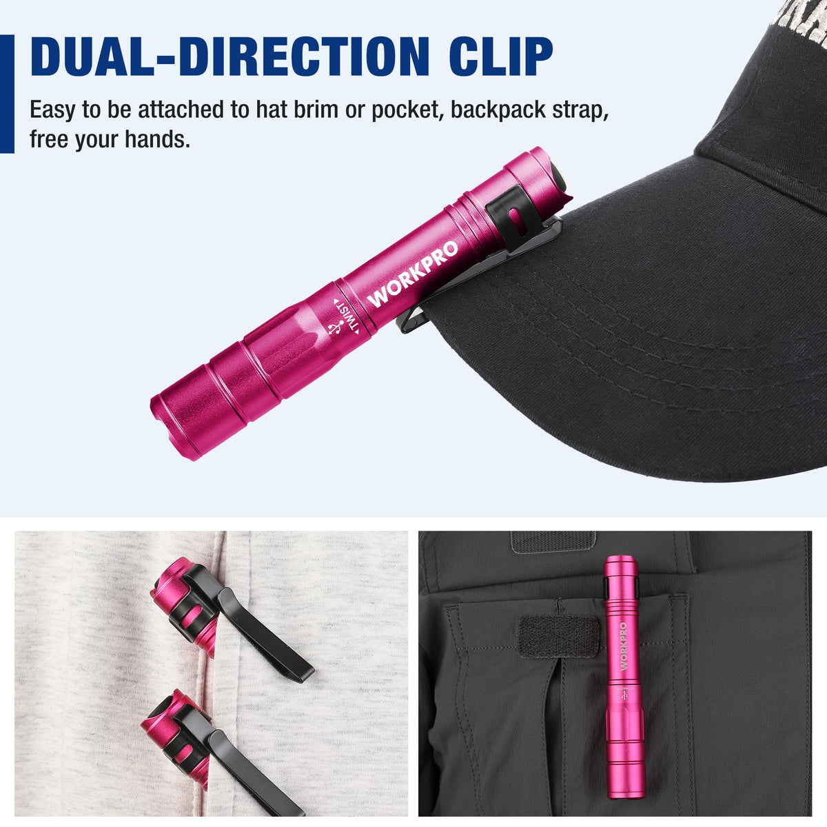 WORKPRO Rechargeable Pen Light 2 Pack Mini Flashlight Pink - WORKPRO Official Imagery - 6