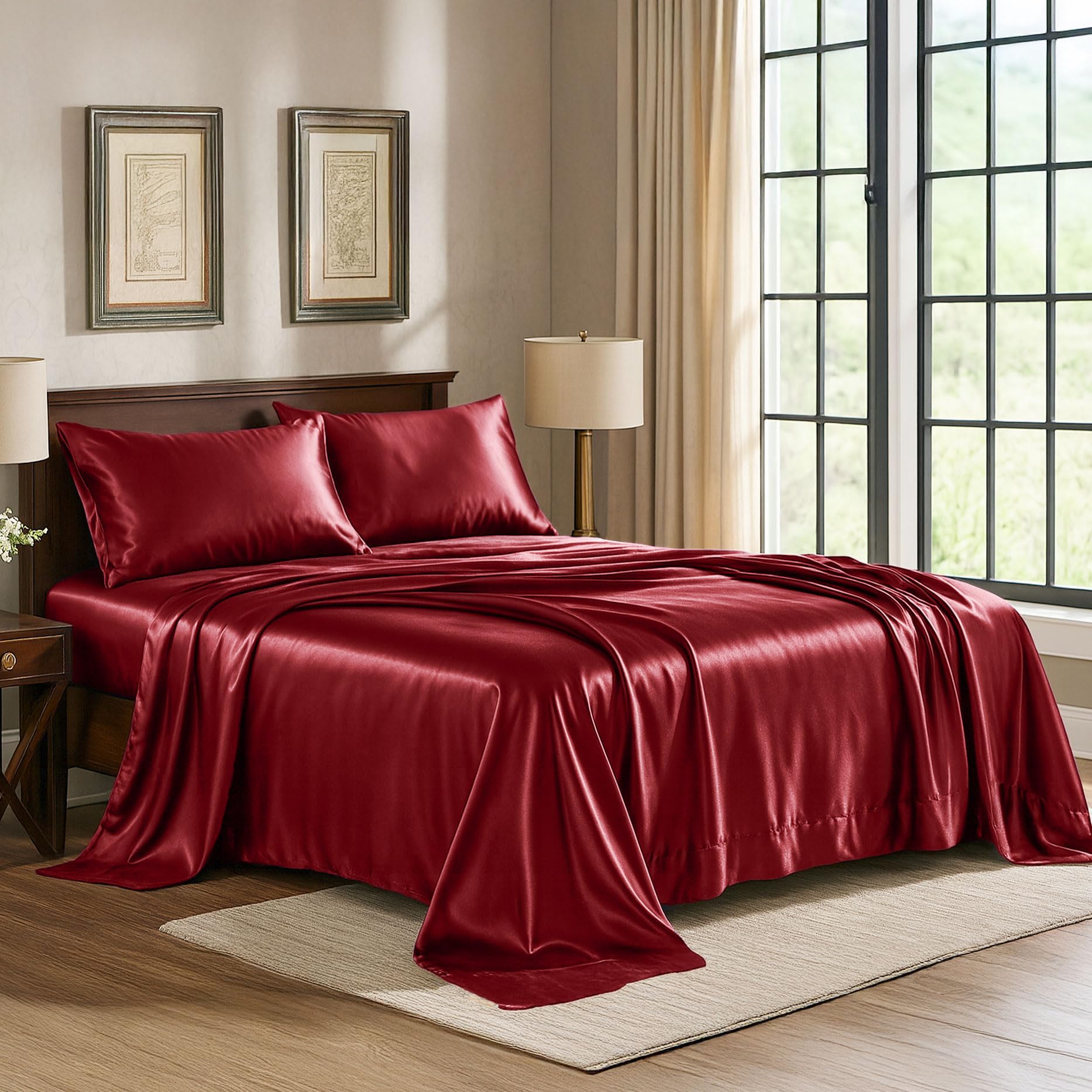 Satin Sheets Twin [3-Piece, Burgundy] Hotel Luxury Silky Bed - Product Imagery