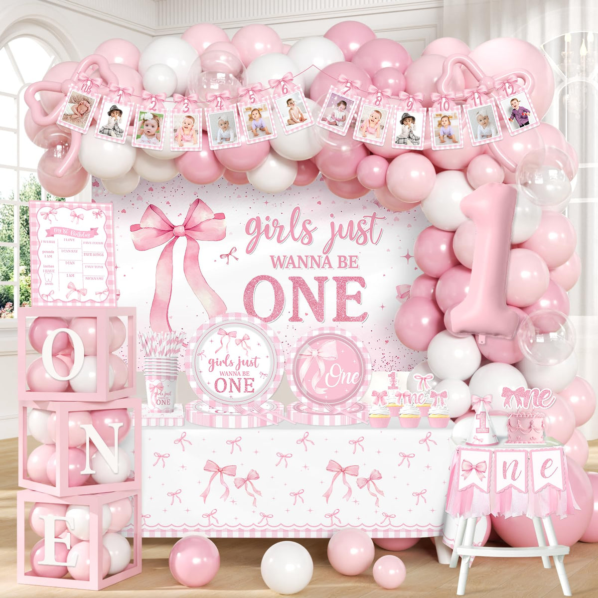 Pink Bow 1st Birthday Decorations 271Pcs Girls Just Wanna Be - KUPWOQU Official Imagery - 1