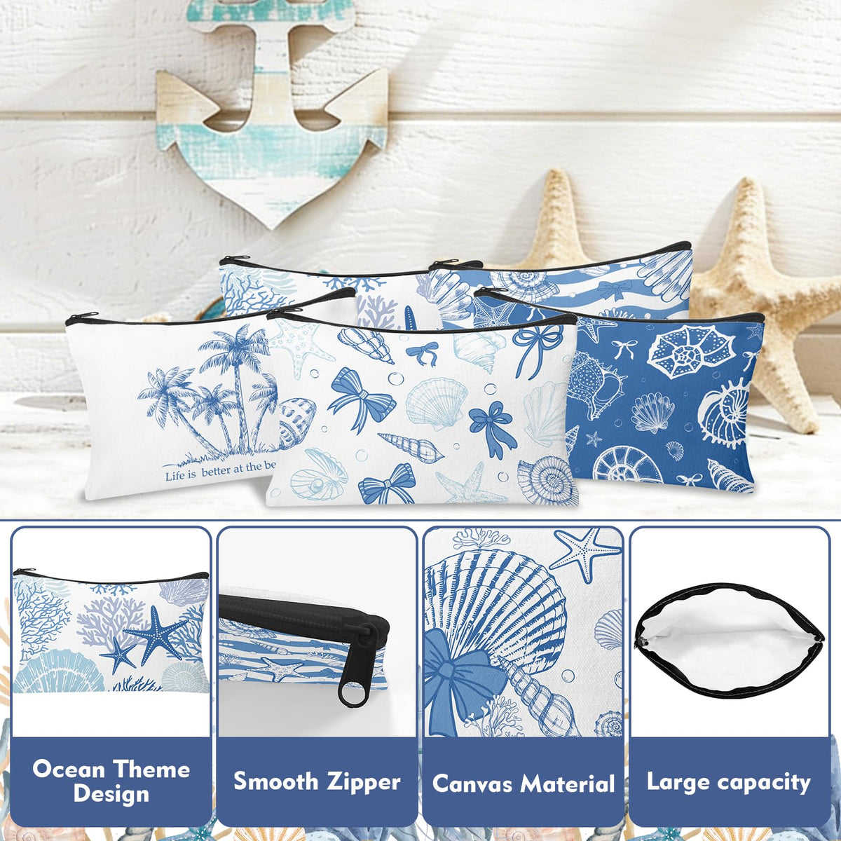 30 Pcs Coastal Makeup Bags Blue Bow Seashell Makeup Bag - HSDSH Official Imagery - 4