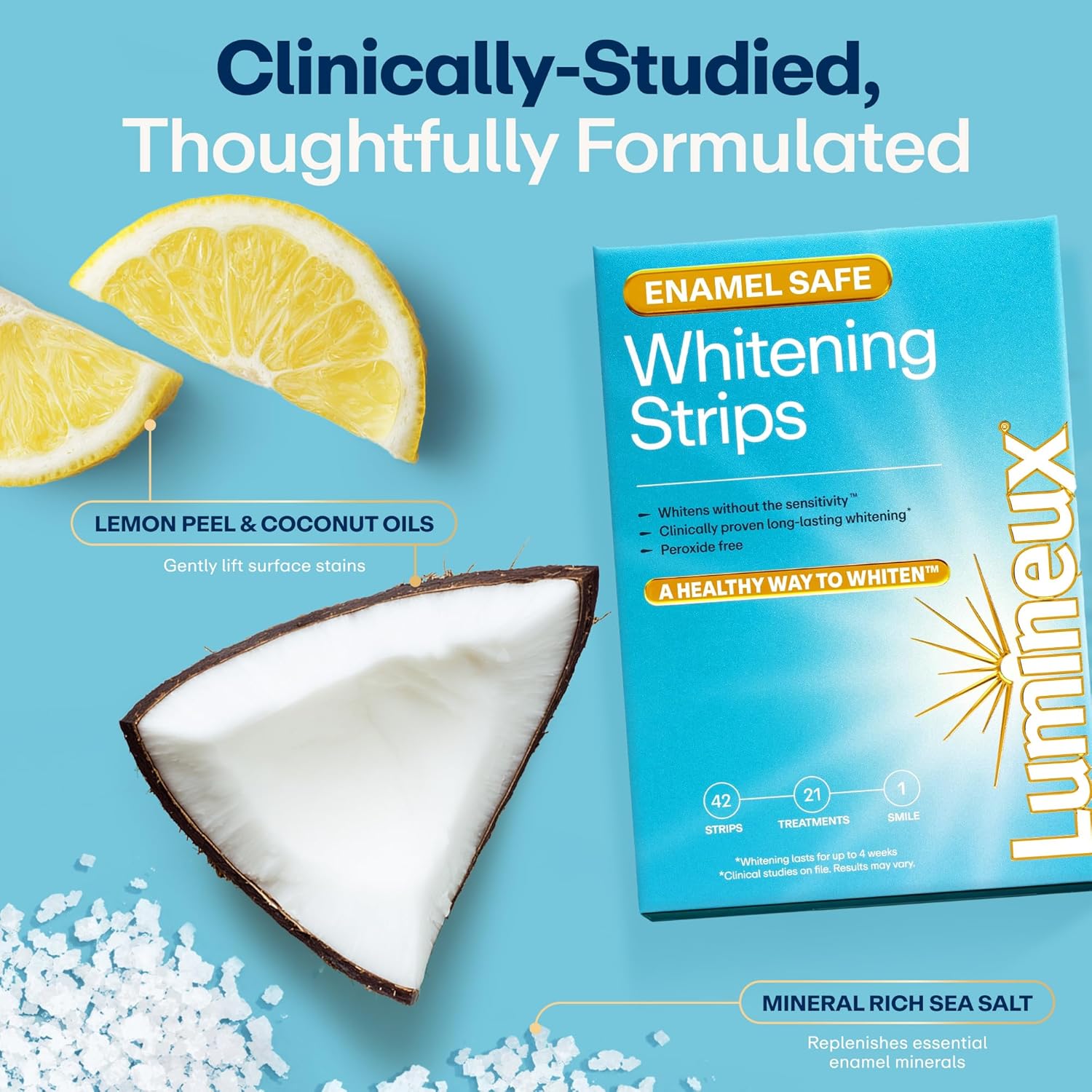 Lumineux teeth whitening strips box with 21 treatments, peroxide-free, for at-home teeth whitening and brightening.