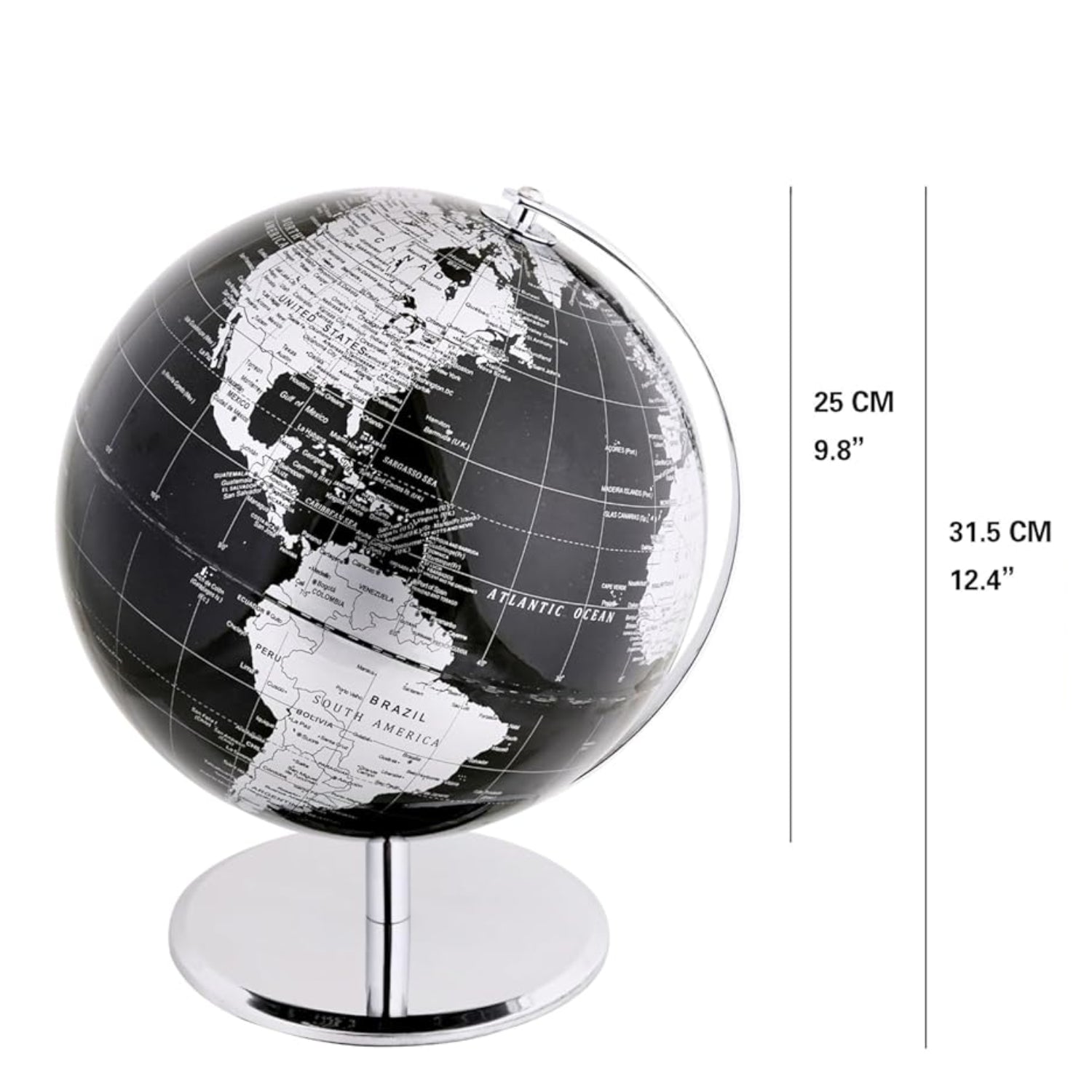 Exerz 10-inch black world globe with stainless steel arc base, detailed map featuring countries and continents.