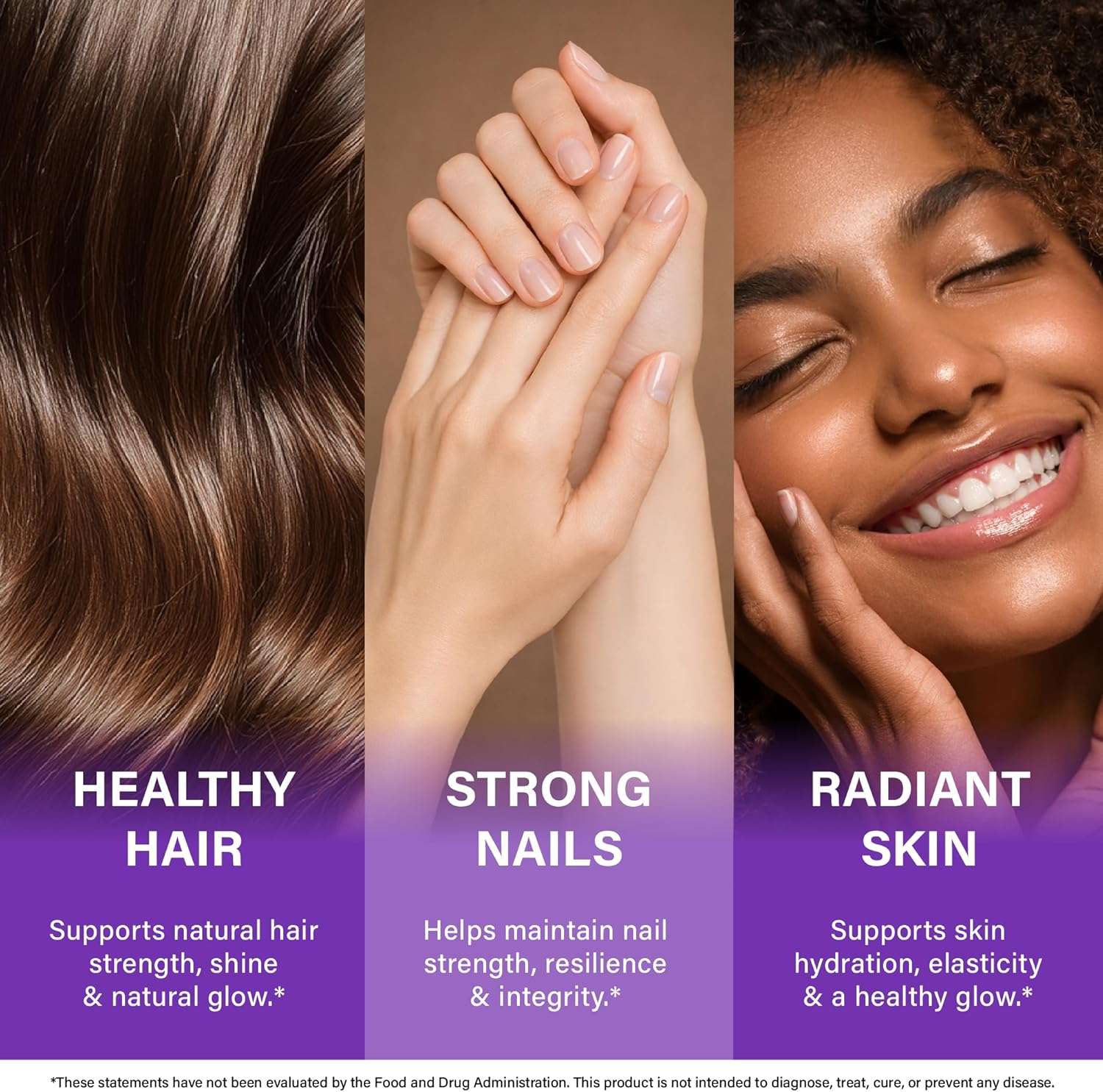 NUTRAHARMONY Biotin, collagen, hyaluronic acid, and keratin capsules supporting healthy hair growth cycle, made in the USA.