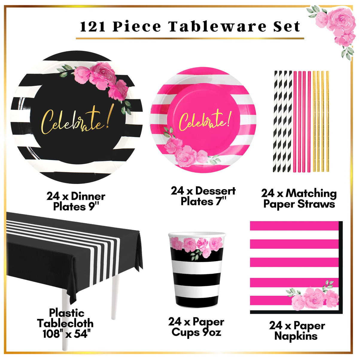 121 Pc Black and Pink Birthday Decorations Tableware Set - RainMeadow Official Imagery - 3