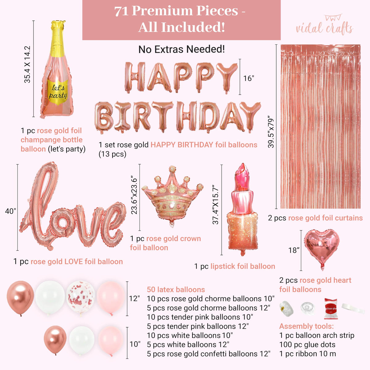 VIDAL CRAFTS 71 Piece Rose Gold Birthday Decorations for - Vidal Crafts for a perfect party Official Imagery - 4