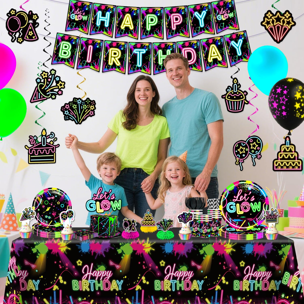 205pcs wellspar Neon Birthday Party Decorations Tableware - wellspar Official Imagery - 8