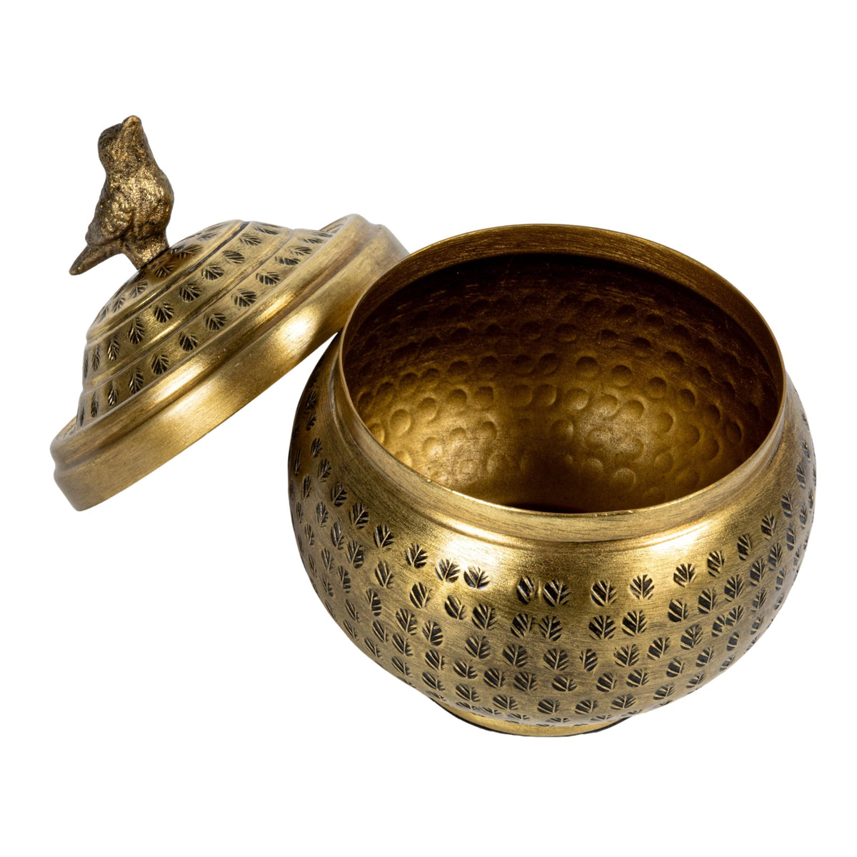 Round Hammered Metal Container with Bird Finial Brass Finish - Premium Selection Official Imagery - 8