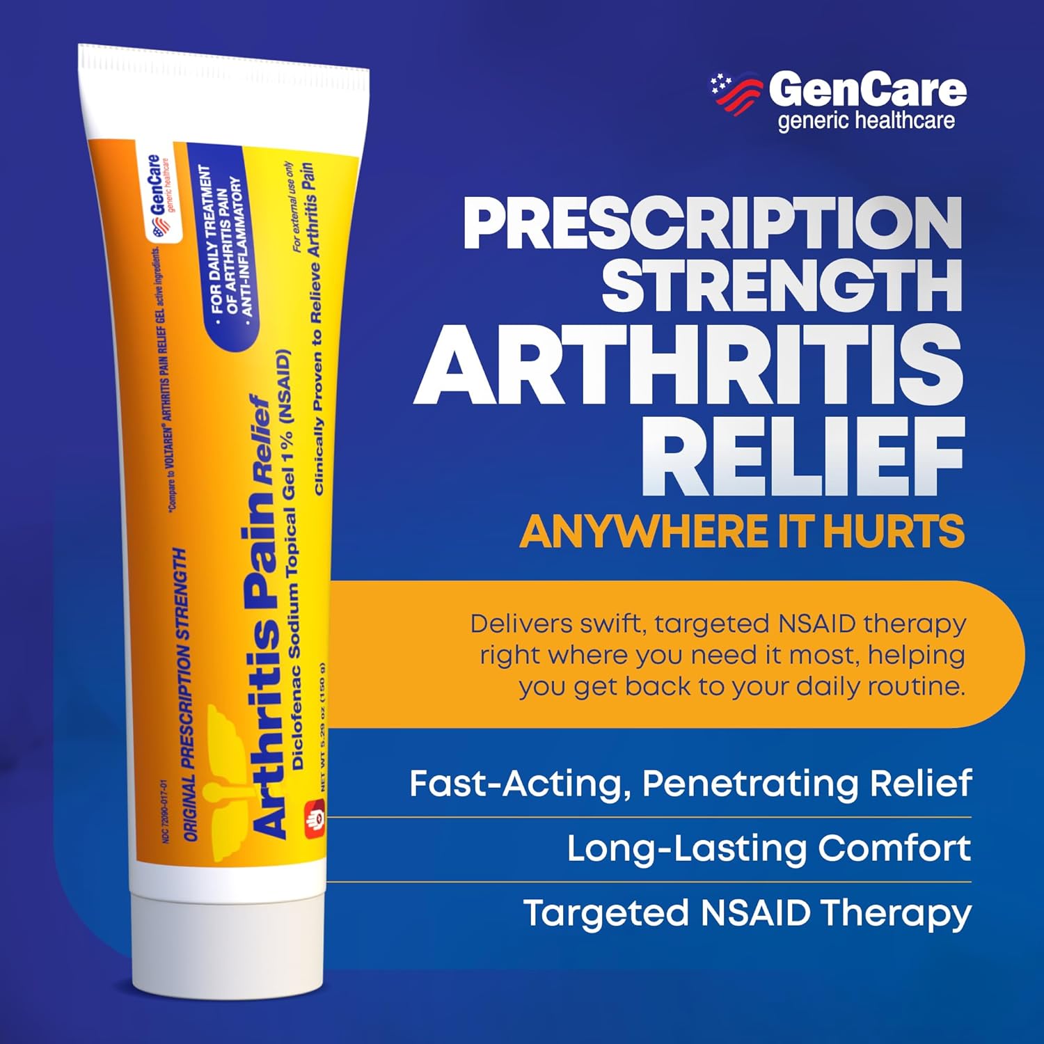 GenCare Arthritis Pain Relief Diclofenac Sodium 1% topical gel tube, showing the medication for joint and muscle pain relief